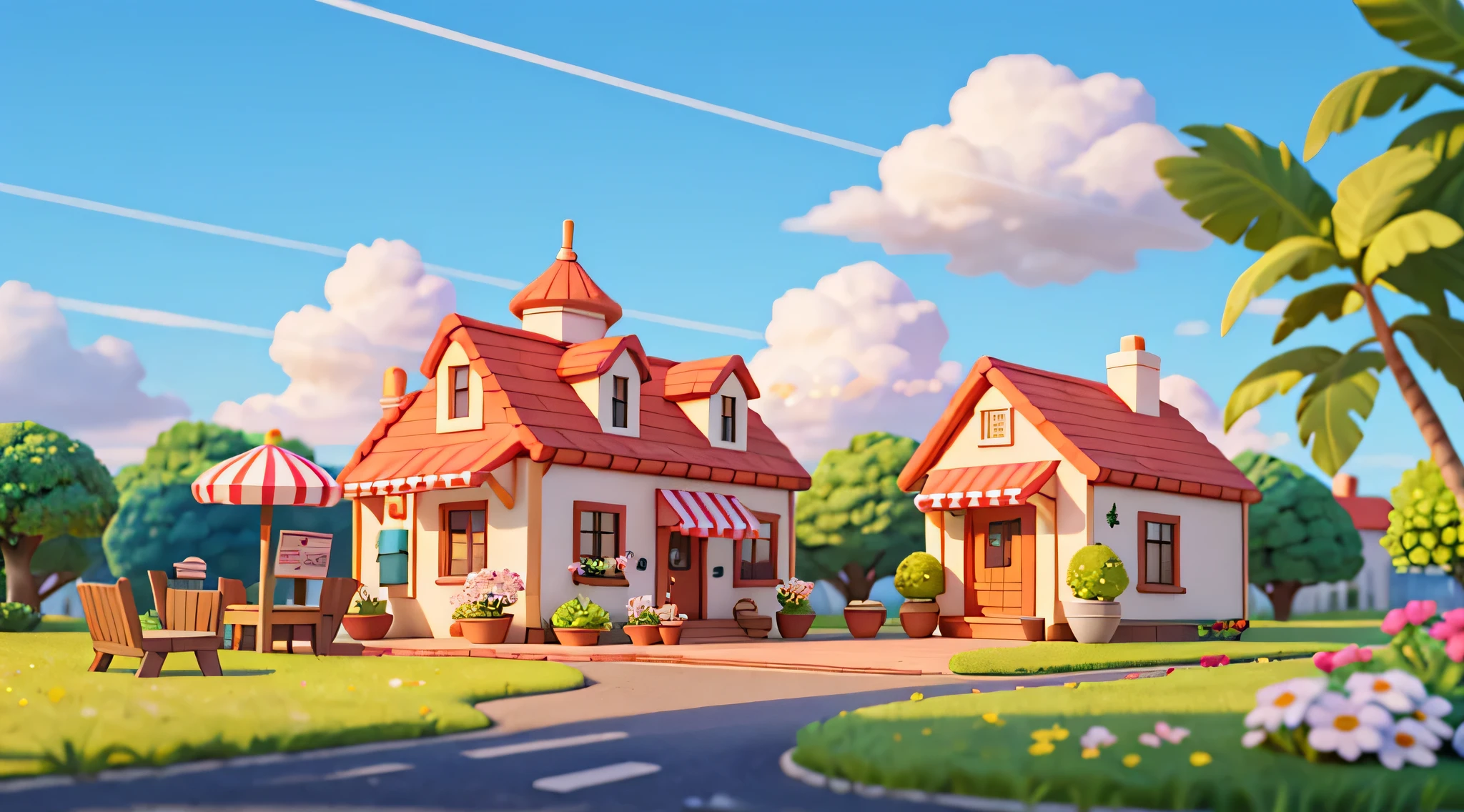 (Miniature cityscape),(isometry:1),cartoonish style,(sandbox game style),(white backgrounid),best qualtiy,Florist,Glass flower house,Cafe,fresh flowers,Dinner table,chair,lamplight,Clear sky,exteriors,landscape,Clouds,sky,sign,Road,Grass,Plants in pots,Street lights,。.。.3D,8K,hdr,k hd,cinematic grain.Blue skies,White cloud,Small tree,Clean background。Pink (full hd)