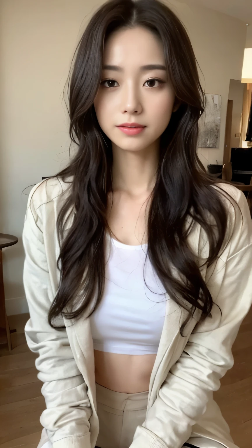 ((top-quality、8k、​masterpiece:1.3))、Beautiful woman with perfect body:1.4、slim abdomen:1.2、Longhair, normal breast, Highly detailed facial and skin texture, A detailed eye, delicate eyes, double eyelid, (smile), (full body shot), ((cafe)), (sitting on chair), (((wearing white t-shirt with jacket)), looking in front