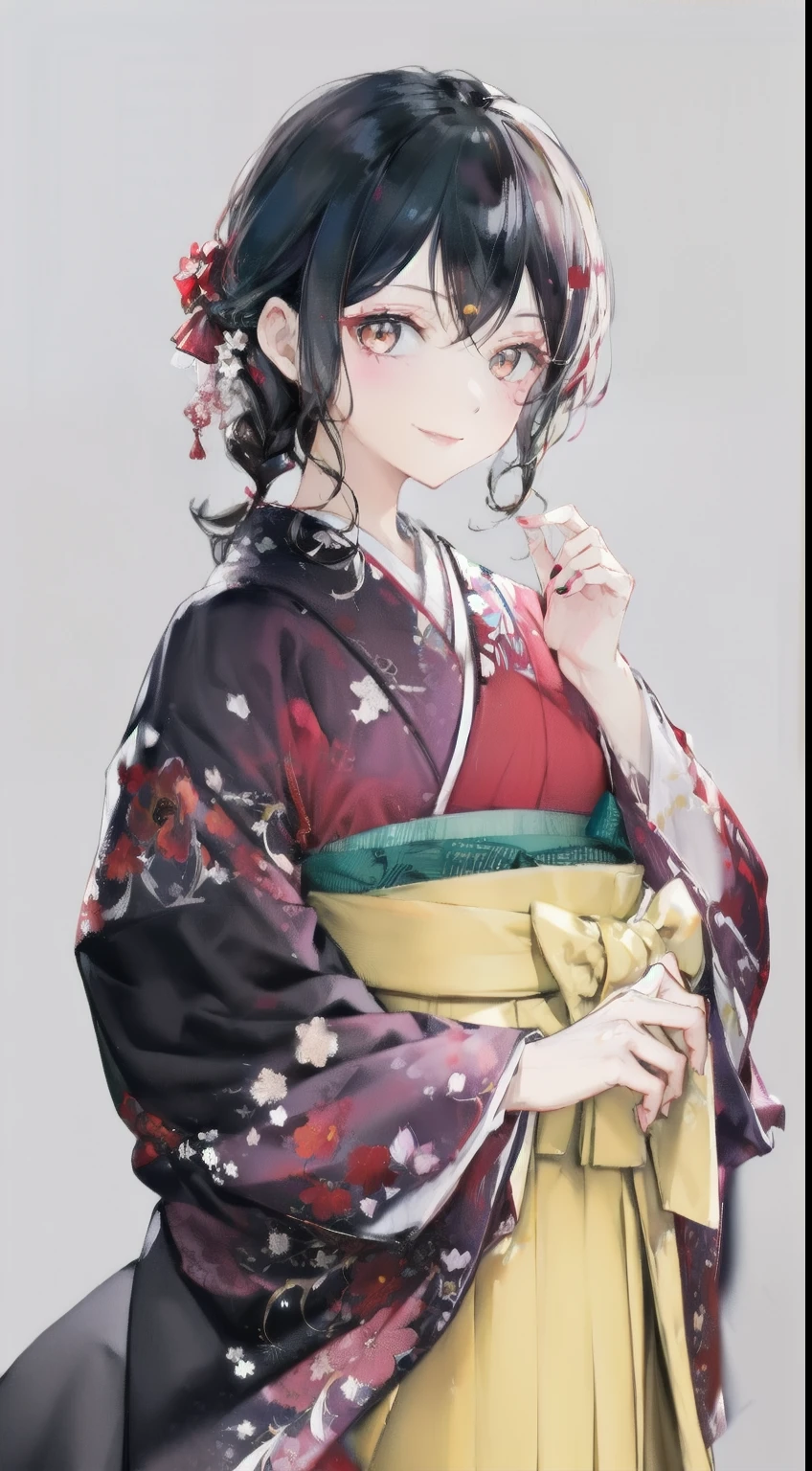 highest resolution、An illustration、1 girl、beautiful face、cute、Mature、white background、(watercolor:1.2)、2D、Upper body、purple kimono、Oiran、Hakama、black hair、red lipstick、flashy makeup、Yankee、fearless smile、squinting、red blush under the eyes、white skin、Are thin、graduation ceremony、brown eyes、droopy eyes