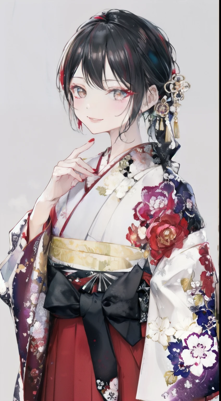 highest resolution、An illustration、1 girl、beautiful face、cute、Mature、white background、(watercolor:1.2)、2D、Upper body、purple kimono、Oiran、Hakama、black hair、red lipstick、flashy makeup、Yankee、fearless smile、squinting、red blush under the eyes、white skin、Are thin、graduation ceremony、brown eyes、droopy eyes
