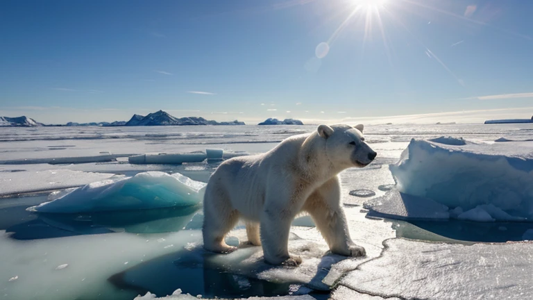 A polar bear relaxing on the ice floe, The iconic animal of the Arctic rests on a block of ice, surrounded by a sparkling sea of ice. The sun&#39;s rays reflect in his eyes, creating blue and white highlights. Les otaries et les phoques nagent dans l'eau glacée, offrant des opportunités de chasse pour l'ours. Image au format 2560 x 1440 pixels.