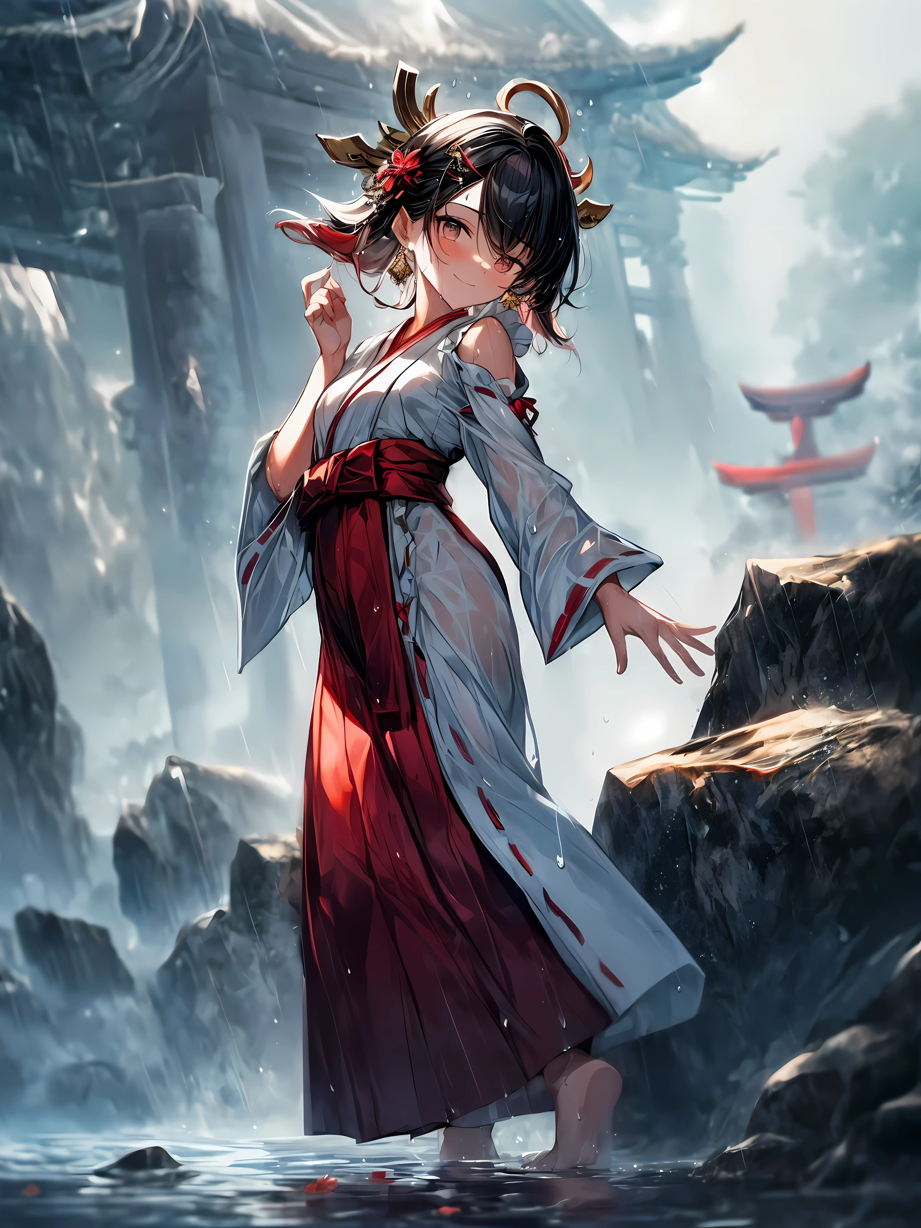 (wide angle), bitter smile, ((Atmospheric distance perception, Aesthetic, complicated, prize, chiaroscuro, most的质量, masterpiece, Detailed background, shining)), (hazy atmosphere:1.2), (cloudy day), rich and colorful, (A 7 year old girl:1.2), (Very young little girl), (alone), (small breasts:1.2), (barefoot), Black hair is casual and provocative, thick hair, wear (Miko costume) Shrine witch's, Purity and tradition (Miko costume), Textured Miko costume, white kimono (soak) and stick tightly to the body, wet translucent fabric, Also available in gorgeous red, (Very long red hakama skirt), most、The finest wrinkles and creases, golden crown hairpin, ancient god (dance), elegant steps, shine in lightning, On the cliff near the shrine, (charming, surreal), Damp stones, (暴风rain的), Divine essence, Sophisticated rock scene, Beautiful cliff scene, Exquisite shrine, rain, raindrop, rainstorm, Strong wind, real location