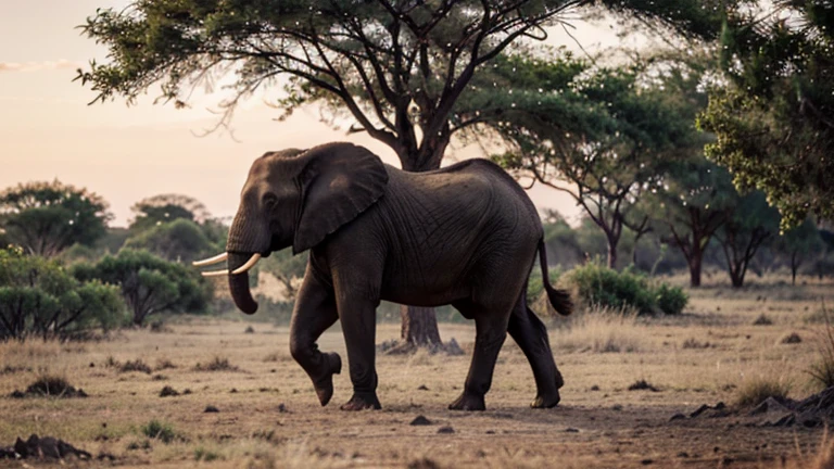 An African elephant in the bush, The largest land mammal strolls leisurely through the African bush, looking for food and water. Tree leaves and branches provide interesting shapes and textures, tandis que les oiseaux chantent dans les branches. The colors of dusk are reflected on the rough skin of the elephant, creating pink and orange highlights. Image au format 4096 x 2304 pixels.