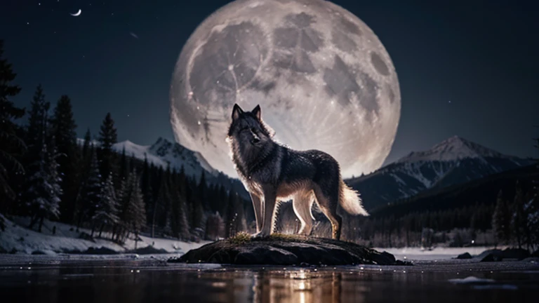 A gray wolf howling at the full moon, The gray wolf is an emblematic animal of the forests and mountains of North America. Il hurle à la lune pour communiquer avec sa meute, creating a magical and mystical atmosphere. The stars twinkle in the night sky, creating reflections in the wolf's eyes. Image au format 2560 x 1440 pixels.