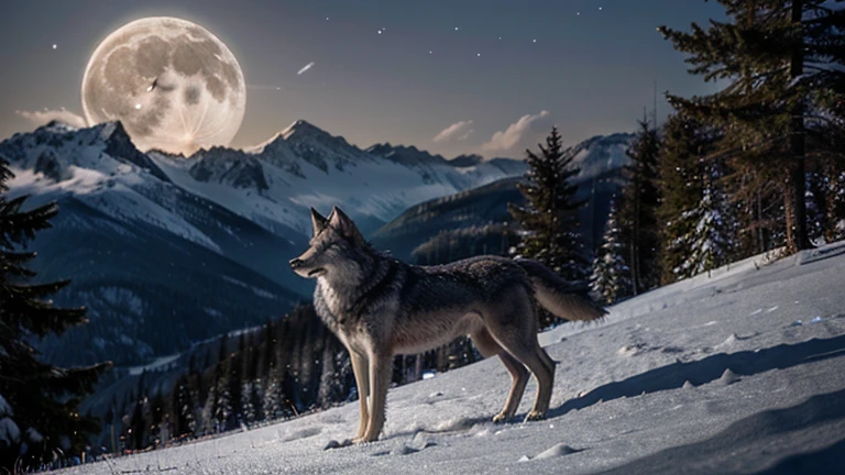 A gray wolf howling at the full moon, The gray wolf is an emblematic animal of the forests and mountains of North America. Il hurle à la lune pour communiquer avec sa meute, creating a magical and mystical atmosphere. The stars twinkle in the night sky, creating reflections in the wolf's eyes. Image au format 2560 x 1440 pixels.