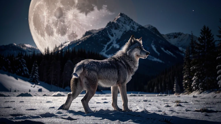 A gray wolf howling at the full moon, The gray wolf is an emblematic animal of the forests and mountains of North America. Il hurle à la lune pour communiquer avec sa meute, creating a magical and mystical atmosphere. The stars twinkle in the night sky, creating reflections in the wolf's eyes. Image au format 2560 x 1440 pixels.