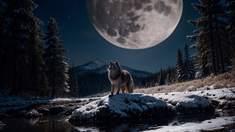 A gray wolf howling at the full moon, The gray wolf is an emblematic animal of the forests and mountains of North America. Il hurle à la lune pour communiquer avec sa meute, creating a magical and mystical atmosphere. The stars twinkle in the night sky, creating reflections in the wolf&#39;s eyes. Image au format 2560 x 1440 pixels.
