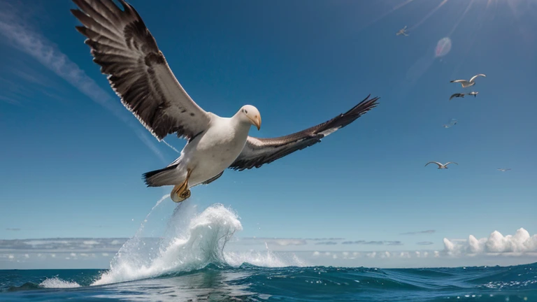 Un albatros royal planant dans le ciel, L'albatros royal est l'un des plus grands oiseaux du monde, capable of traveling thousands of kilometers in flight. He hovers above the ocean, looking for food for her babies. Ocean waves crash below, creating abstract shapes and interesting textures. Image au format 4096 x 2304 pixels.