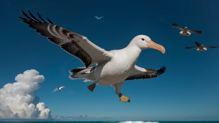 Un albatros royal planant dans le ciel, L'albatros royal est l'un des plus grands oiseaux du monde, capable of traveling thousands of kilometers in flight. He hovers above the ocean, looking for food for her babies. Ocean waves crash below, creating abstract shapes and interesting textures. Image au format 4096 x 2304 pixels.