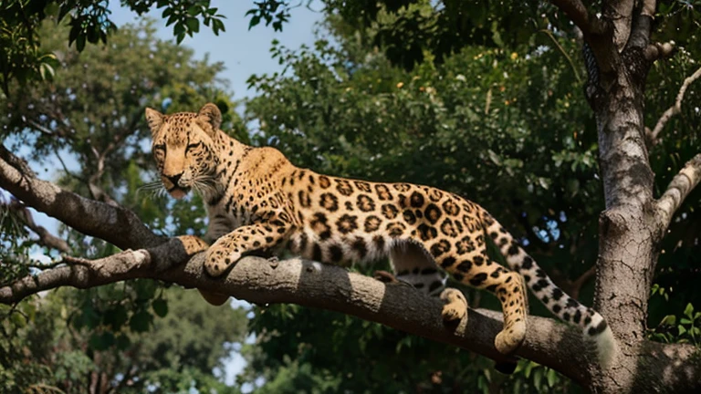 A leopard resting on a tree branch, Le léopard est un animal majestueux et élégant, able to climb trees with agility. Il se repose sur une branche, regardant tranquillement dans la savane africaine. Tree leaves offer interesting shapes and textures, tandis que les oiseaux chantent dans les branches. The colors of dusk are reflected in the leopard's eyes, creating golden highlights. Image au format 3840 x 2160 pixels.