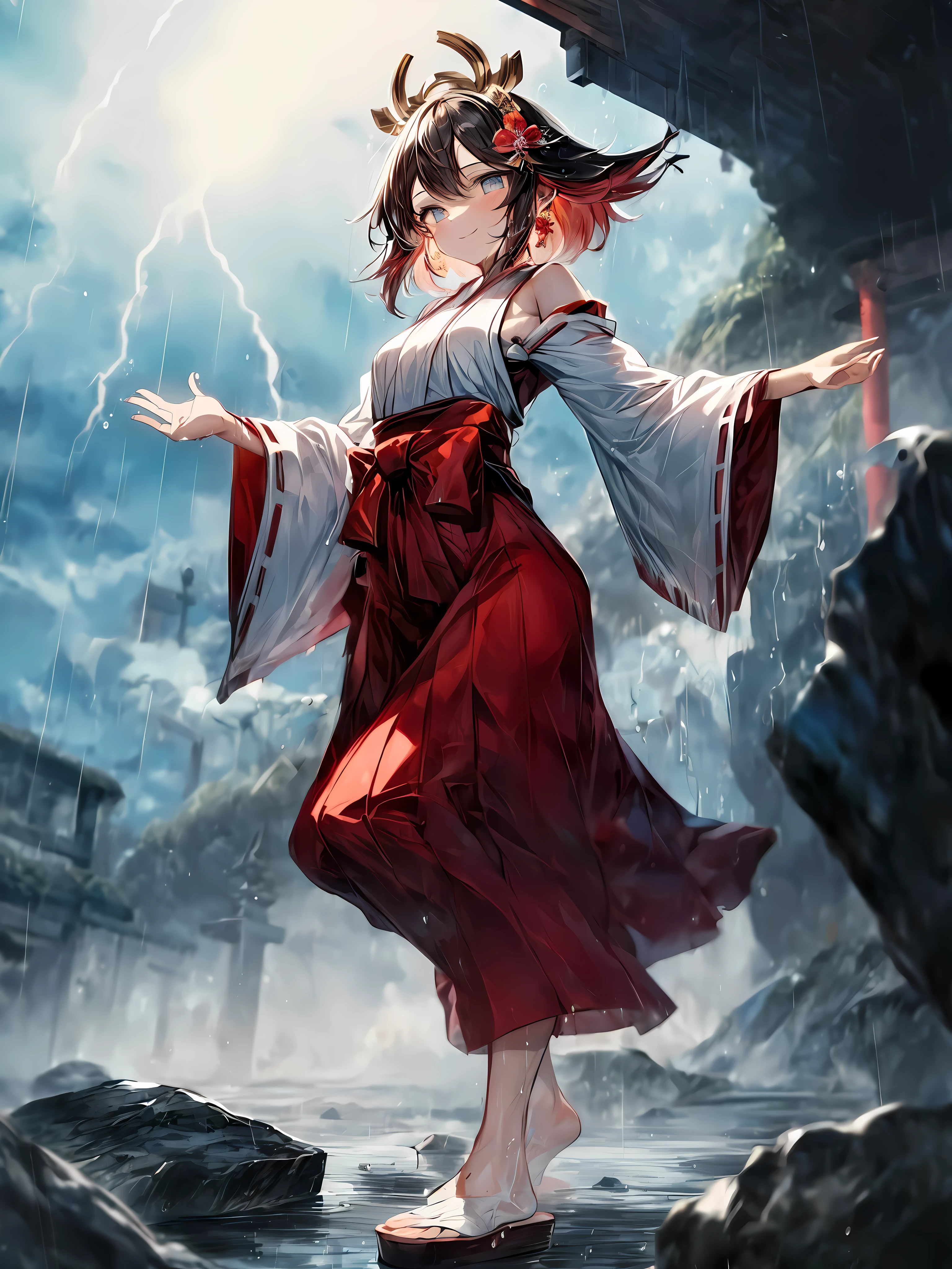 (wide angle), bitter smile, ((Atmospheric distance perception, Aesthetic, complicated, prize, chiaroscuro, most的质量, masterpiece, Detailed background, shining)), (hazy atmosphere:1.2), (cloudy day), rich and colorful, (A 7 girl:1.2), (Very young li(alone), (small breasts:1.2), (barefoot), Black hair is casual and provocative, thick hair, wear (Miko costume) Shrine witch's, Purity and tradition (Miko costume), Textured Miko costume, white kimono (soak) and stick tightly to the body, wet translucent fabric, Also available in gorgeous red, (Very long red hakama skirt), most、The finest wrinkles and creases, golden crown hairpin, ancient god (dance), elegant steps, shine in lightning, On the cliff near the shrine, (charming, surreal), Damp stones, (暴风rain的), Divine essence, Sophisticated rock scene, Beautiful cliff scene, Exquisite shrine, rain, raindrop, rainstorm, Strong wind, real location