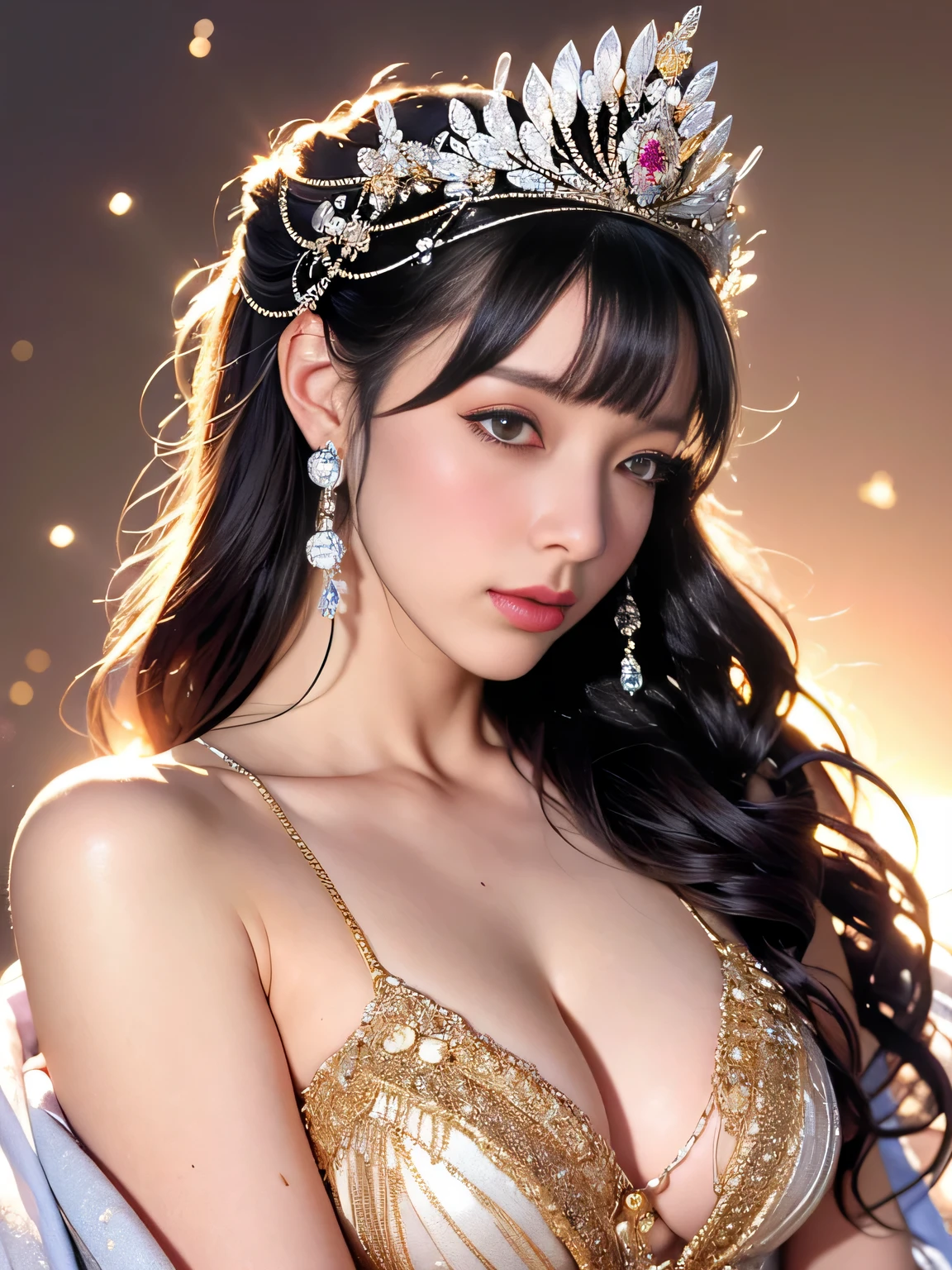 (table top), Professional , masterpiece、highest quality、realistic pictures , written boundary depth （gemstone silver metal body:1.９),(matte white、particles of light、jewel gold weapon、（luxury castle background）、（white micro bikini）（jewel metal body:1.４),luxury jewelry metal weapons , 主people公の詳細&#39;Sword of ,（ metal armor soldier background）   ,warhammer 40k , gained sisterhood,Crown with details and ornate jewels、一peopleで、black hair、（ganguru forest background）、美しい白people々beauty of、１people々、dynamic angle,(((Diamond tiara with detail and luxury)))、small face、laughter、powerful pose、（luxury castle background）、huge breasts、20 year old beautiful woman、Stand in the center of the screen、thin female fingers、small head、glamorous body、