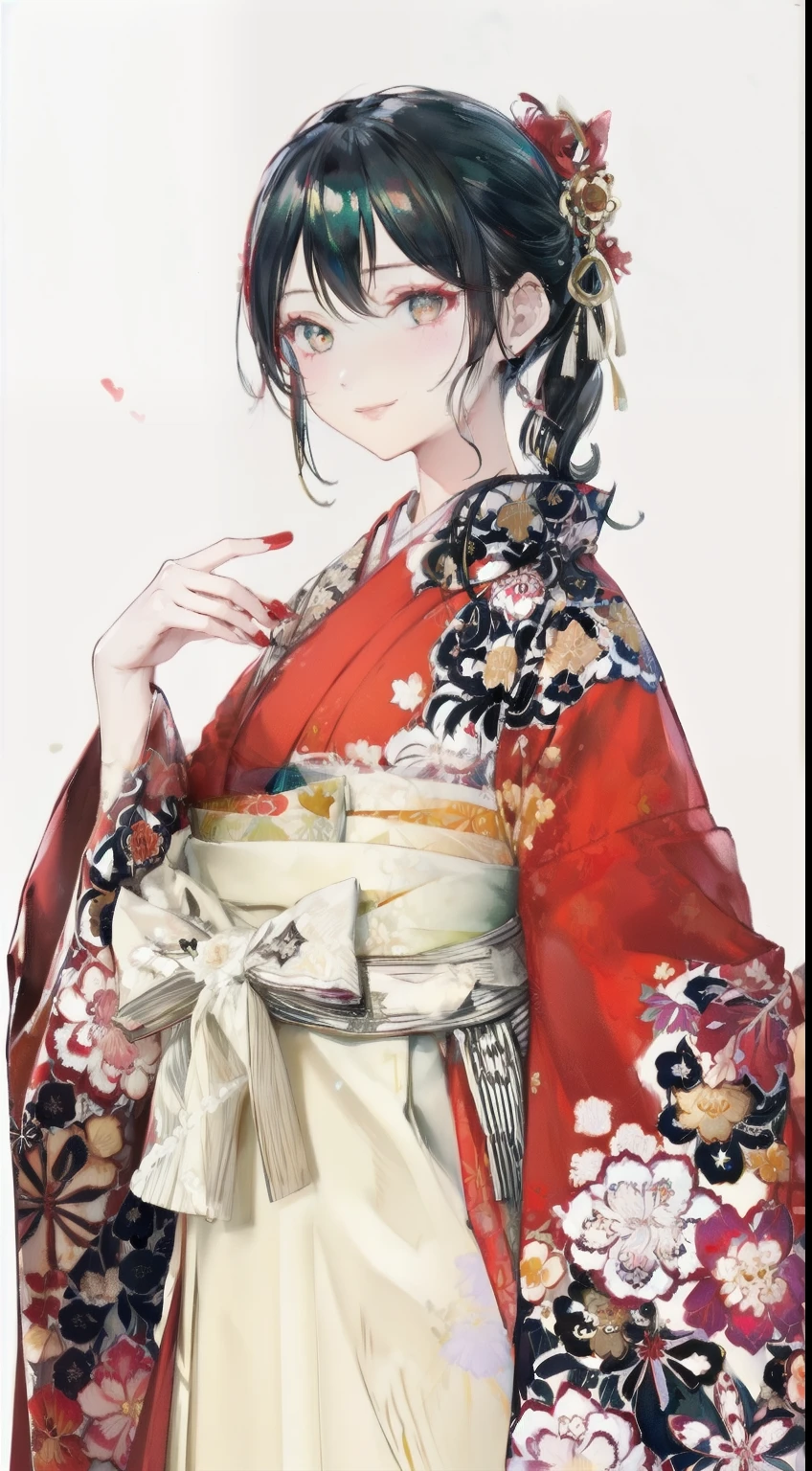 highest resolution、An illustration、1 girl、beautiful face、cute、Mature、white background、(watercolor:1.2)、2D、Upper body、green kimono、Oiran、Hakama、black hair、all back、Forehead、red lipstick、flashy makeup、Yankee、fearless smile、squinting、red blush under the eyes、white skin、Are thin、graduation ceremony、brown eyes、droopy eyes