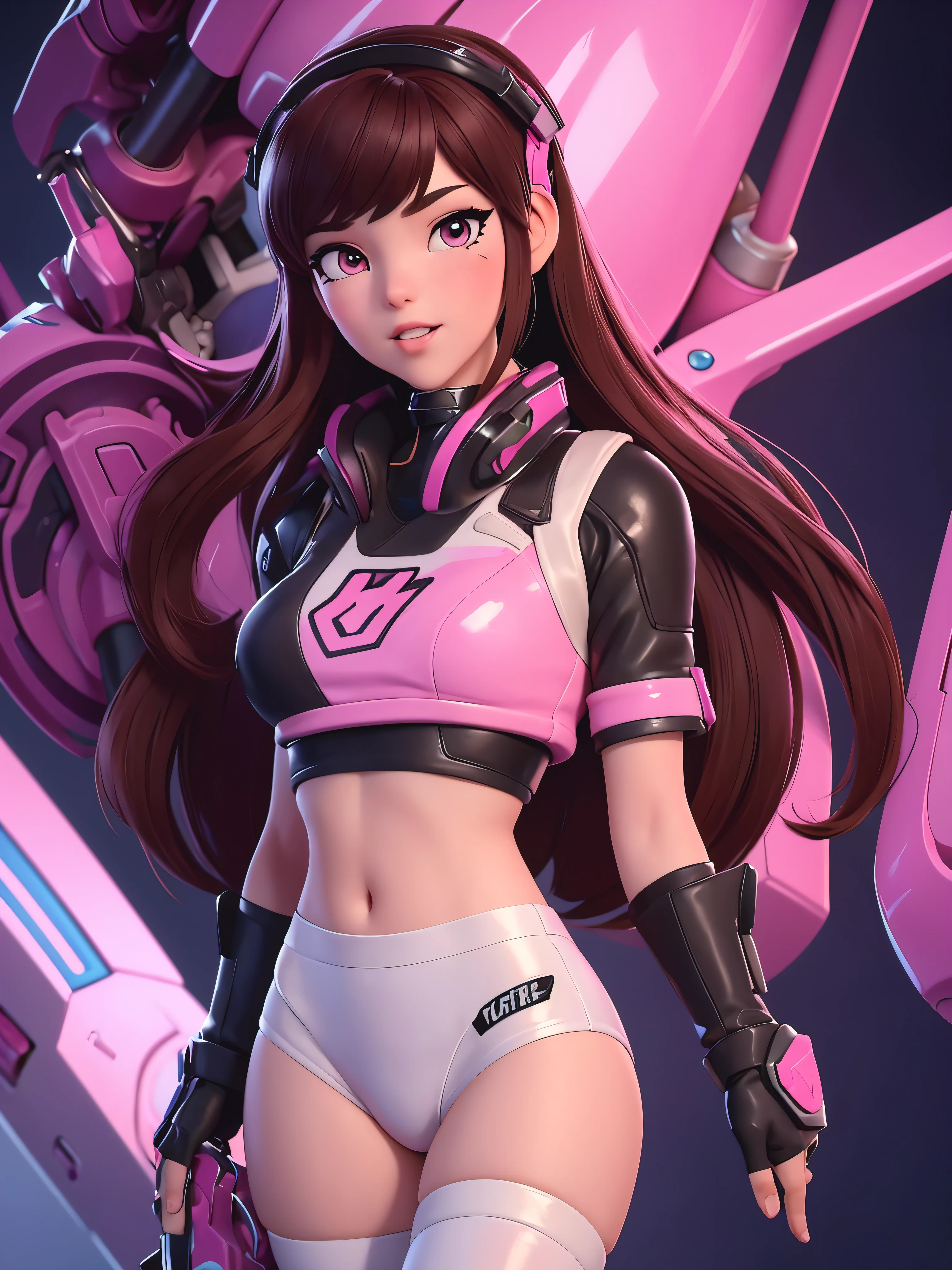 Masterpiece, Best Quality, High Resolution, 1Girl, Ultra High Resolution, Solo D.VA, Headphones, Pink eyes, Brown Hair, White Gloves, Face Decoration, Full Body Shot, Cute, Realistic, Cute Pose, Perfect Body, Cyber Punk background, wet street, Latex Crop Top, Latex panties