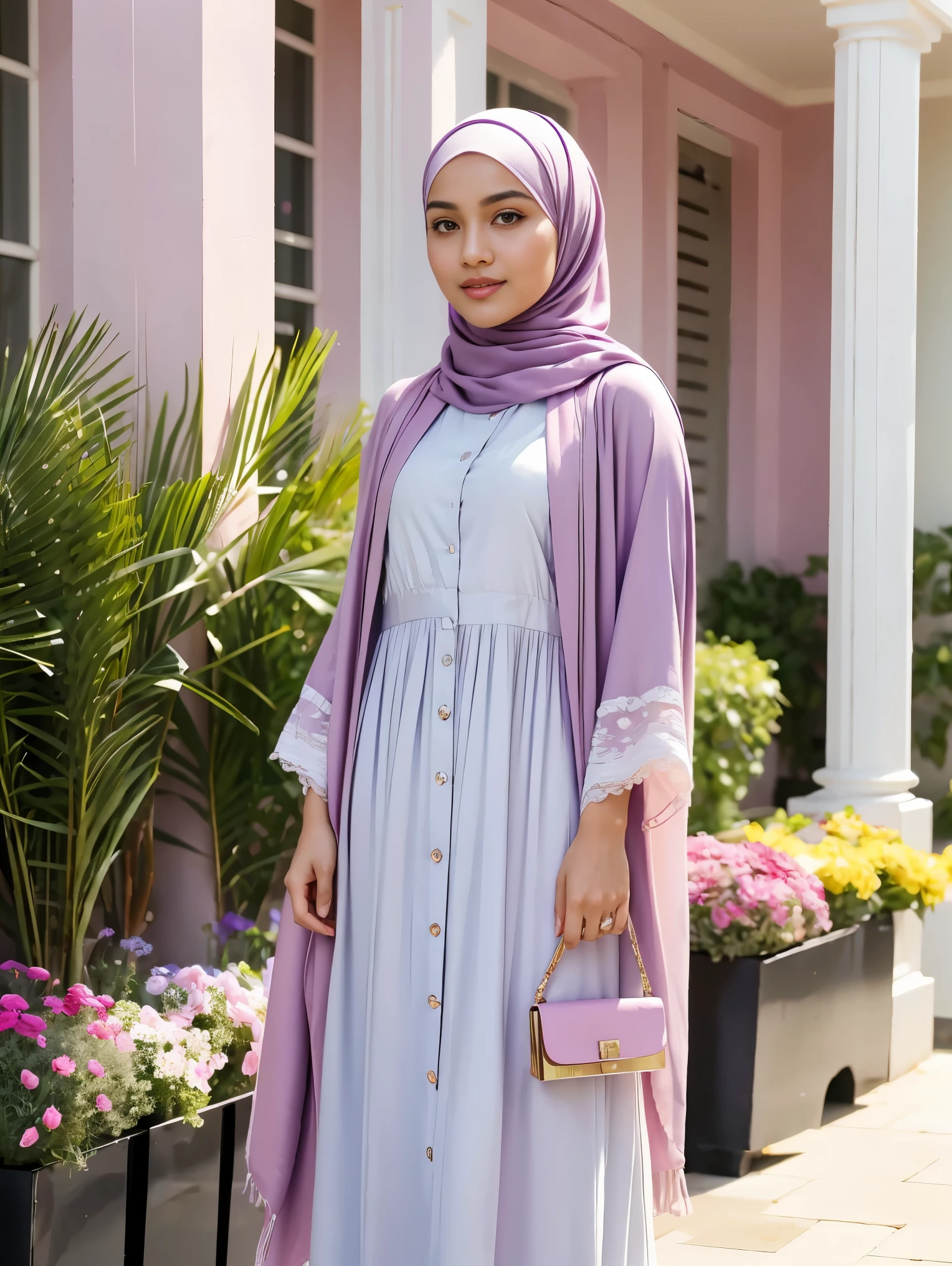 RAW, Best quality, high resolution, (masterpiece: 1.3), full body image, cute Indonesian man in hijab, Masterpiece, average man body, young man face, cute man face, bright skin, fair skin, cute eyes, graceful smile, soft smile, light make up, muslim man in hijab standing in front of florist, feminine gesture, graceful expression, body facing viewer, looking to viewer, wearing full soft purple hijab, shawl, perfect hijab, wearing White abaya dress, pretty dress, wearing lilac cardigan, perfect cardigan, wearing purple heels, wearing pink purse, beautiful in cute pastel shades, beautiful in pastel shades, purse on left shoulder, at noon, Great lighting, great sunlight, Bright colors, Ultra realistic clean lines, very realistic