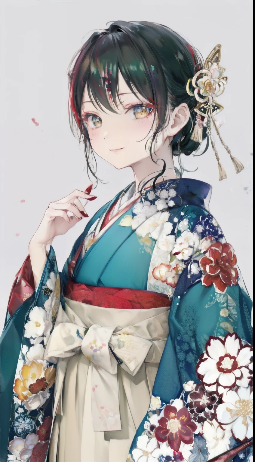highest resolution、An illustration、1 girl、beautiful face、cute、Mature、white background、(watercolor:1.2)、2D、Upper body、green kimono、Oiran、Hakama、black hair、all back、Forehead、red lipstick、flashy makeup、Yankee、fearless smile、squinting、red blush under the eyes、white skin、Are thin、graduation ceremony、brown eyes、droopy eyes