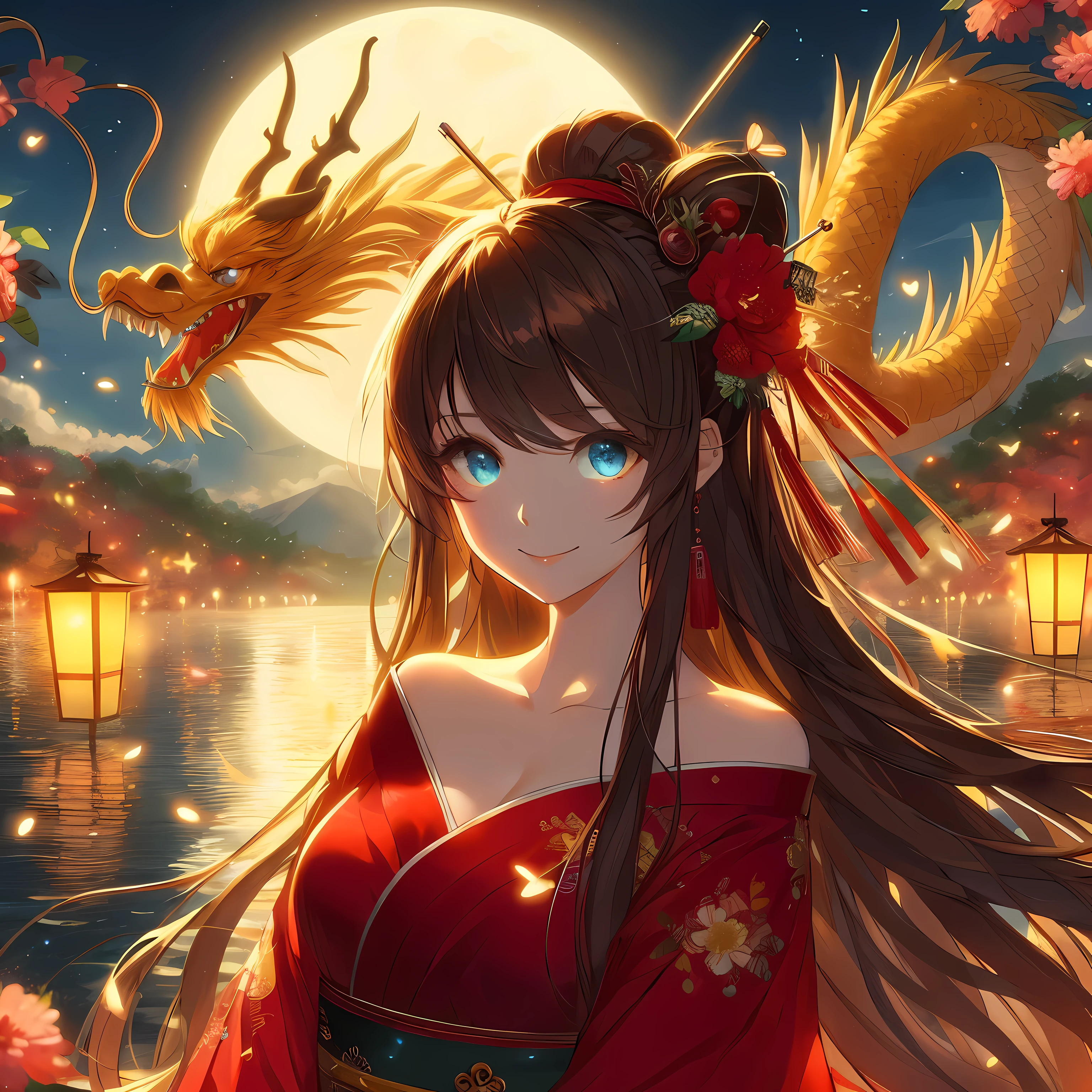 Anime girl in dragon headdress and red dress in front of full moon, anime style 4k, anime wallpaper 4k, anime wallpaper 4k, Animation Art Wallpaper 8k, Anime Art Wallpaper 4k, Anime Art Wallpaper 4k, 4k anime wallpaper, palace ， girl wearing hanfu, HD anime wallpaper, beautiful anime girl, 4k comic wallpaper