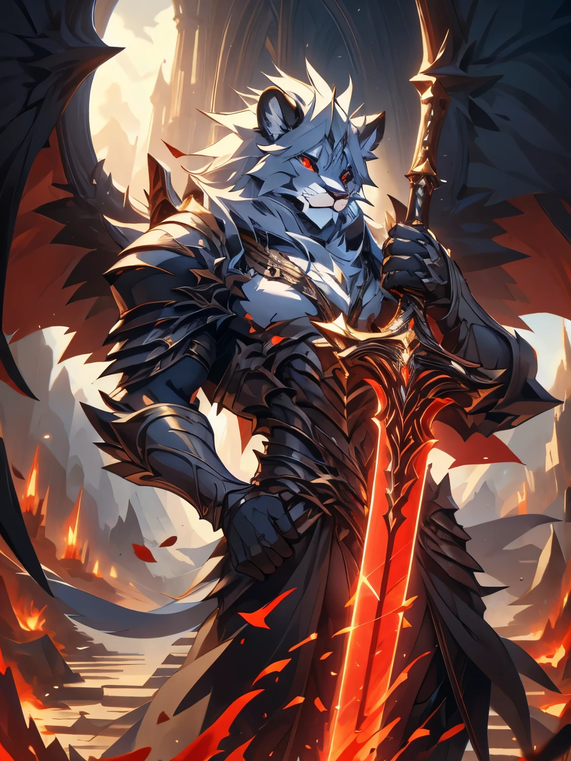 male, furry, Lion anthro, solo, white fur, red eyes, (Realistic eye details 1.2), V0id3nergy, great sword, Masterpiece, dramatic lighting, soft lighting, day, highly detail, Hair coiled, epic fantasy art style, epic fantasy digital art style, anatomically correct, accurate, UHD, 1080P