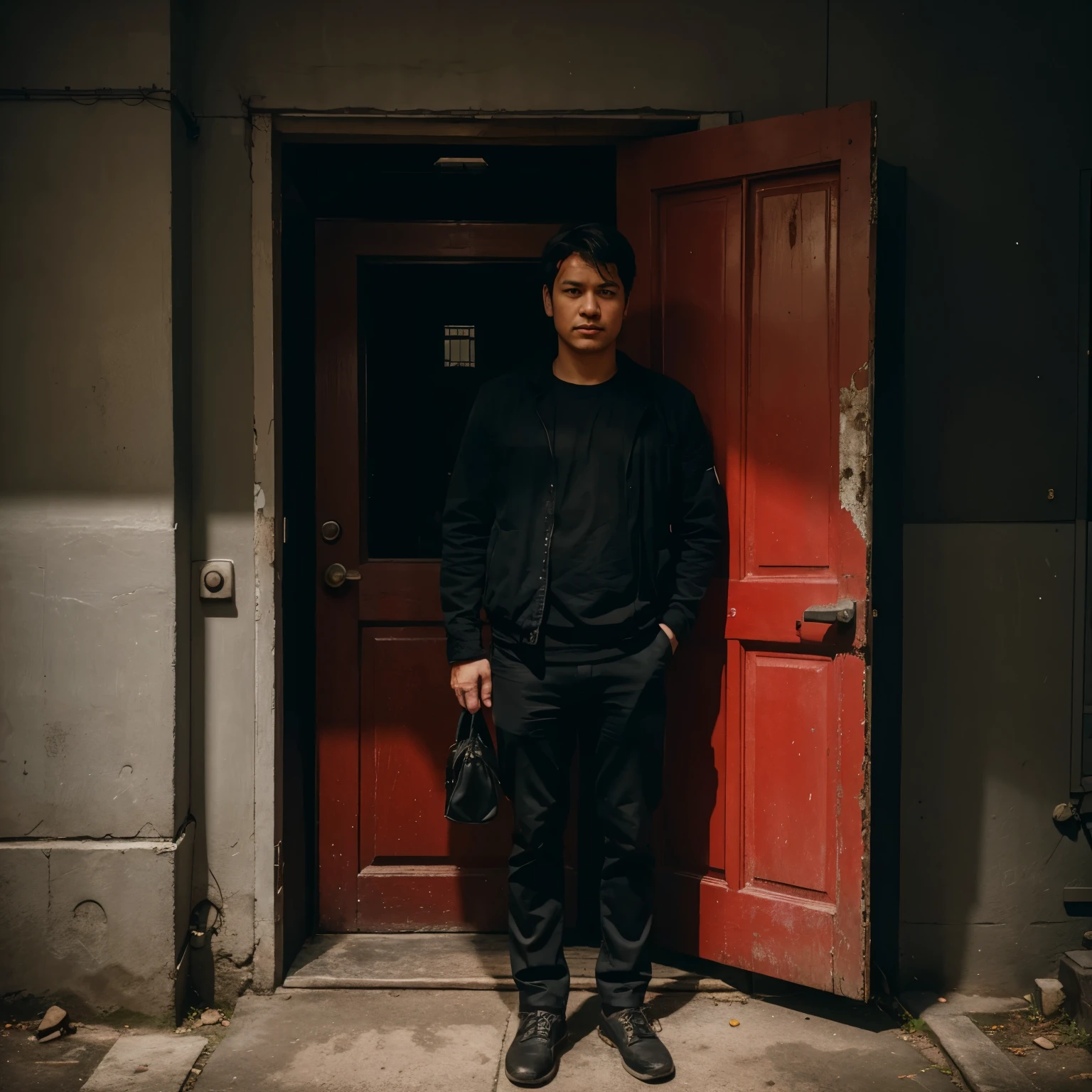 1 man standing in dark in front of red door