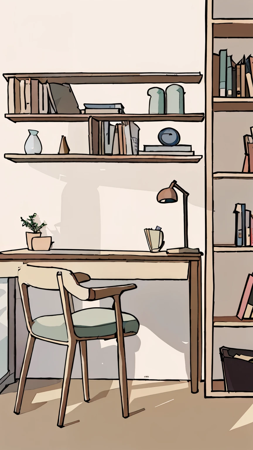 There is a table、Picture of a chair and a bookshelf, personal room background, Office background, Warm home background, interior background art, background art, Detailed 2D illustration, living room background, corner Office background, animated illustration style, Cartoon rendering art style, simplified realism style, vignette, cozy living room background
