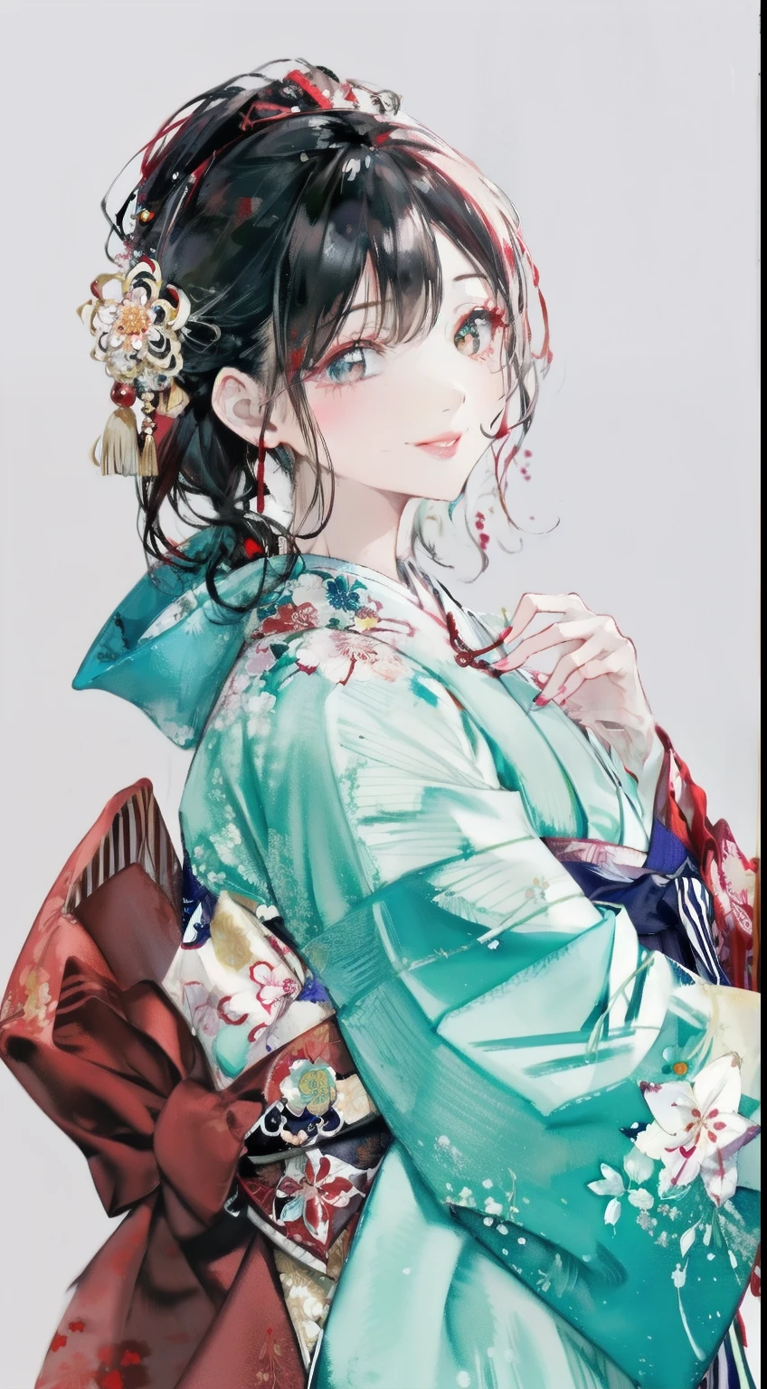 highest resolution、An illustration、1 girl、beautiful face、cute、Mature、white background、(watercolor:1.2)、2D、Upper body、black kimono、Oiran、Hakama、black hair、all back、Forehead、red lipstick、flashy makeup、Yankee、fearless smile、squinting、red blush under the eyes、white skin、Are thin、graduation ceremony、brown eyes、droopy eyes