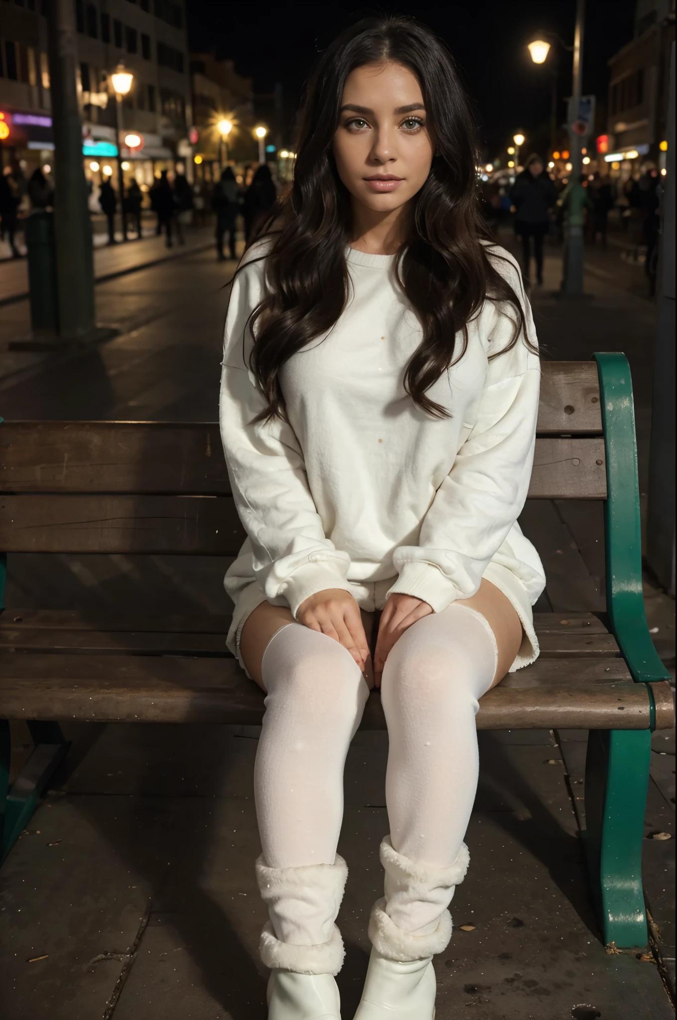 1 woman, ombre on black hair with balayage, Beautiful green eyes, freckled face, cream white sweatshirt, seamless black leggings, black leggings, fuzzy faux fur boots, ugg boots, night city background, sitting on a bench, full length portrait, Raw-Photo.