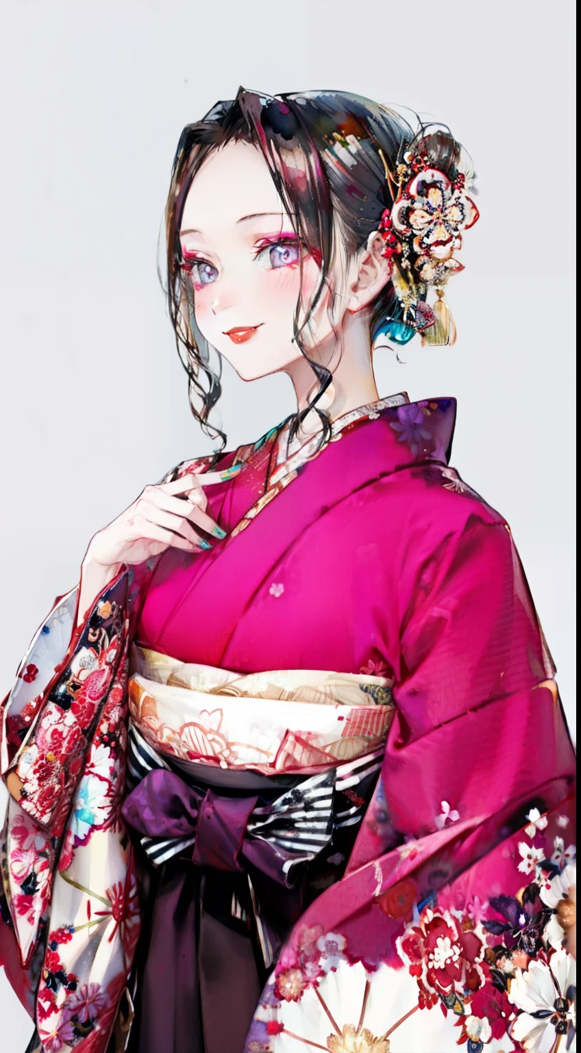 highest resolution、An illustration、1 girl、beautiful face、cute、Mature、white background、(watercolor:1.2)、2D、Upper body、black kimono、Oiran、Hakama、black hair、all back、Forehead、red lipstick、flashy makeup、Yankee、fearless smile、squinting、red blush under the eyes、white skin、Are thin、graduation ceremony、brown eyes、droopy eyes