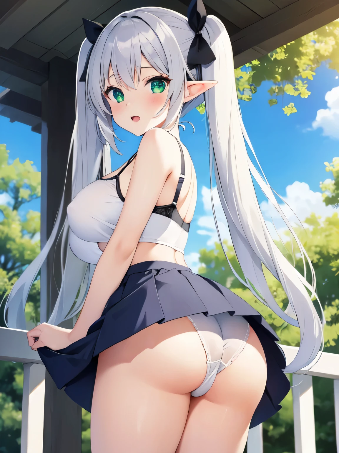 Frieren , anime, 1girl, ass, bra, thighs, silver_hair, twintail_hair, frieren, (frieren: Beyond_journey's_end), light_green_eyes, elf, big_breasts, pink_tennis_outfit, ass_focus, camisole, skirt