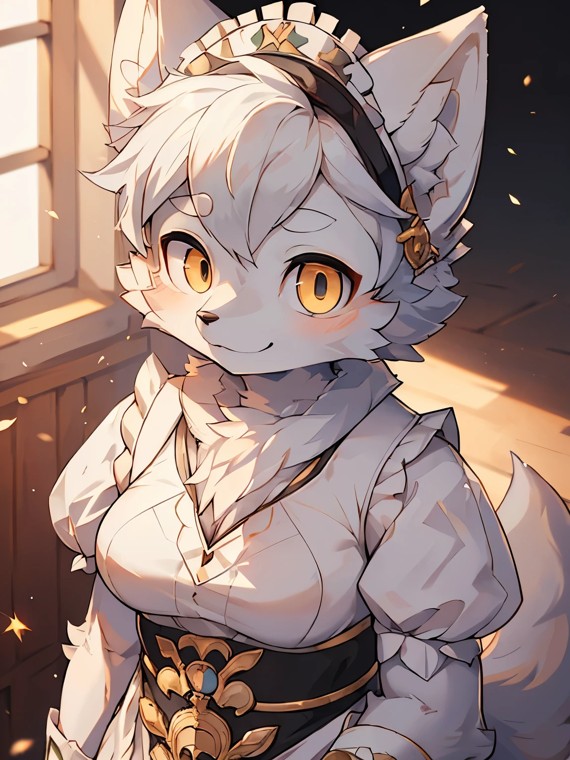 (Best image quality),(masterpiece),(((The only one))),(Very detailed),(Female arctic fox:1.5), (White skin:1.3), hairy，(White fur:1.3),((Golden pupils)) ,(Gray ears),(hairy 动物 耳朵s)，((身穿的maid装)，maid，Smile，Natural Lighting，Complex background,Delicate face，Details on the face，character focus，Detailed clothes，Upper Body，Depth of Field，Perfect lighting，Light Particles，Clear focus，Light Particles，Eye，Solitary