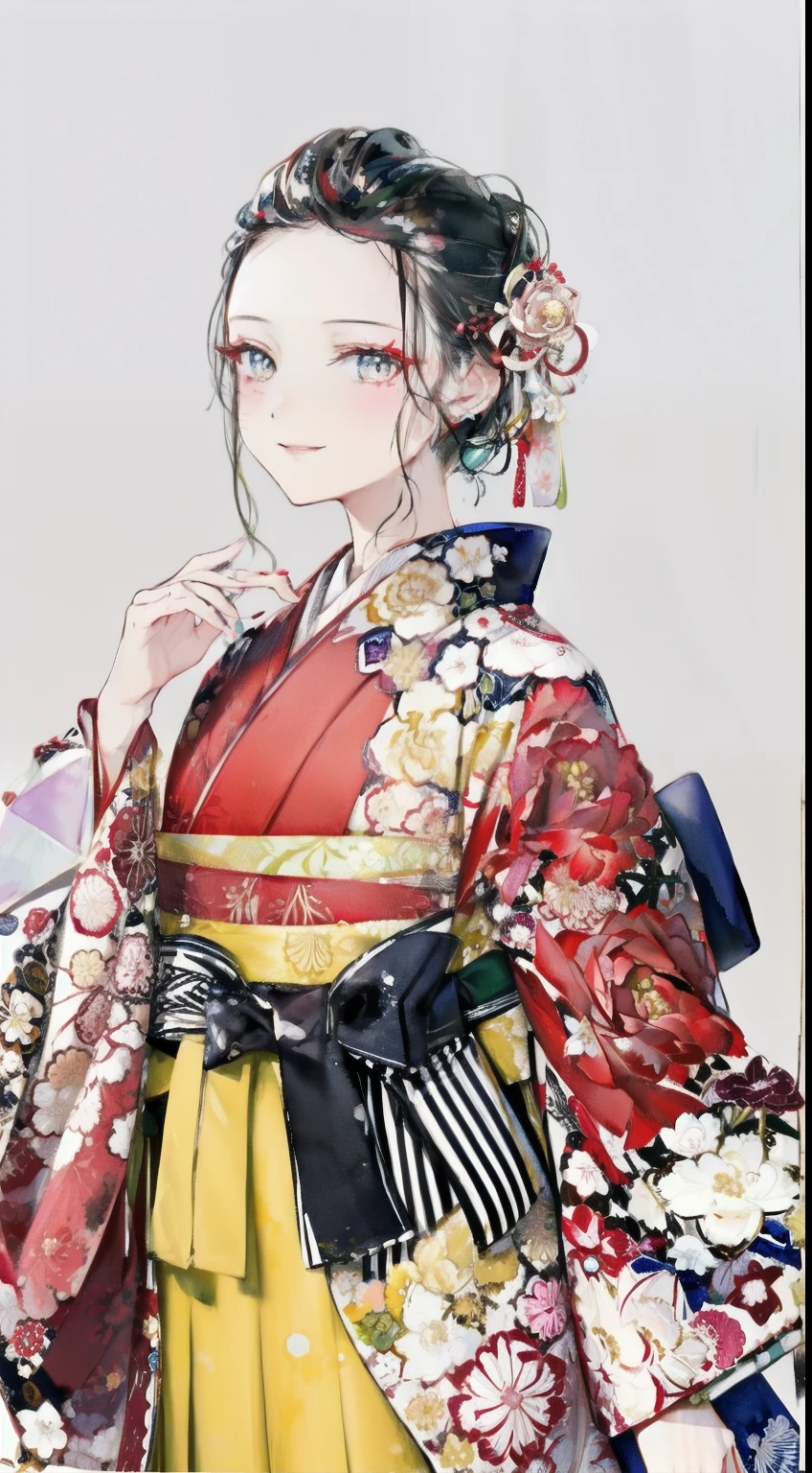 highest resolution、An illustration、1 girl、beautiful face、cute、Mature、white background、(watercolor:1.2)、2D、Upper body、black kimono、Oiran、Hakama、black hair、all back、Forehead、red lipstick、flashy makeup、Yankee、fearless smile、squinting、red blush under the eyes、white skin、Are thin、graduation ceremony、brown eyes、droopy eyes