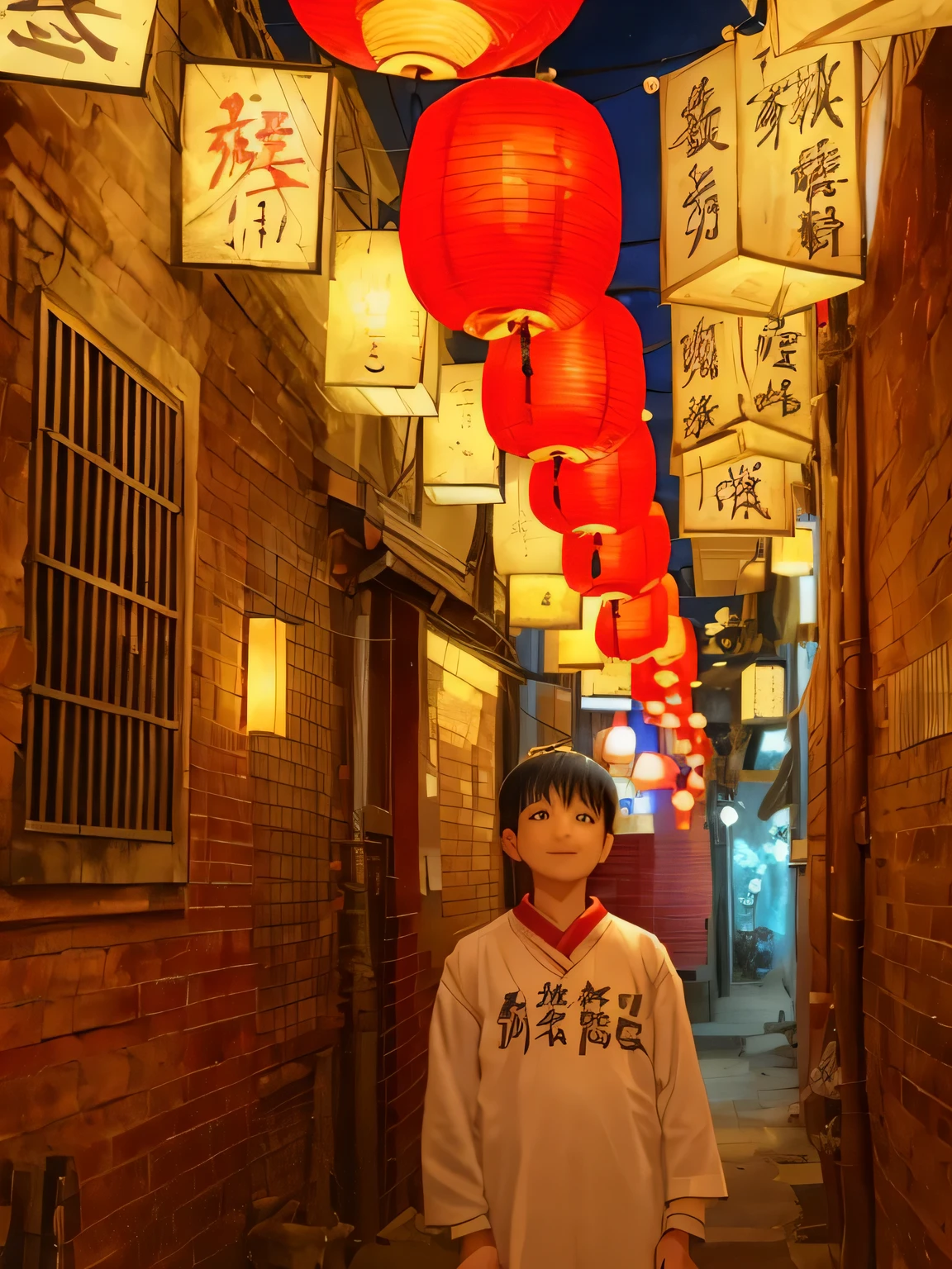 Arafid boy stands in narrow alley,There are lanterns hanging overhead, In a narrow Chinese alley, inspired by beauty, Anime style mixed with Fujifilm, inspired by Itō Shinsui, In the alley while cleaning, standing in the alley, Lanterns on the roadside sparkle, Japanese town at night, Boy under the lantern, street lights glow