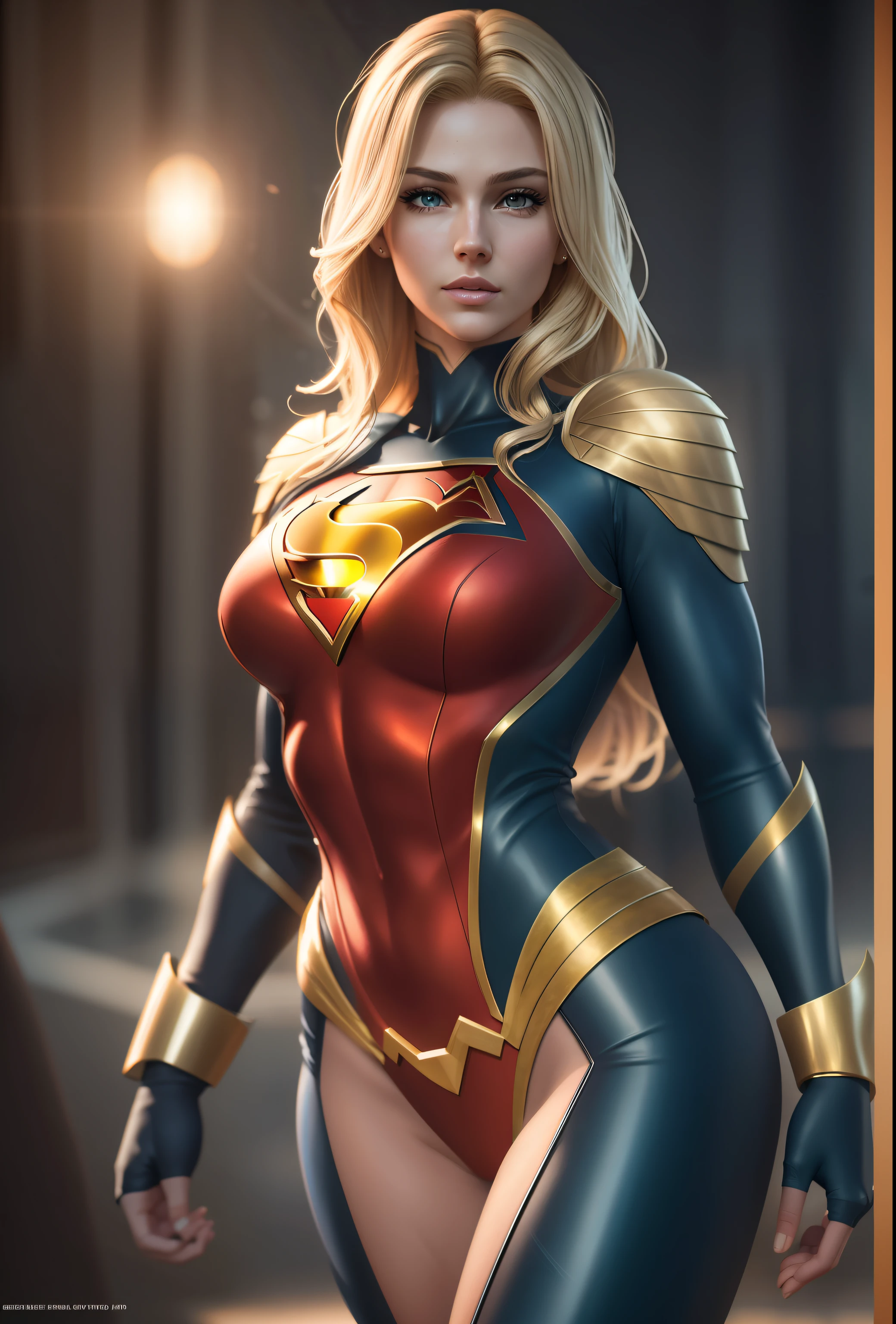 Beautiful superheroine blonde waist, detailed skin, realistic, photo-realistic, 8k, highly detailed, full length frame, High detail RAW color art, piercing, diffused soft lighting, shallow depth of field, sharp focus, hyperrealism, cinematic lighting in combat suit, Ultra HD