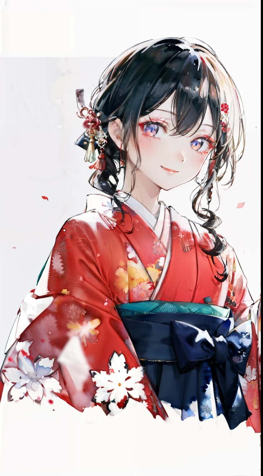 highest resolution、An illustration、1 girl、beautiful face、cute、Mature、white background、(watercolor:1.2)、2D、Upper body、black kimono、Oiran、Hakama、black hair、all back、Forehead、red lipstick、flashy makeup、Yankee、fearless smile、squinting、red blush under the eyes、white skin、Are thin、graduation ceremony、brown eyes、droopy eyes