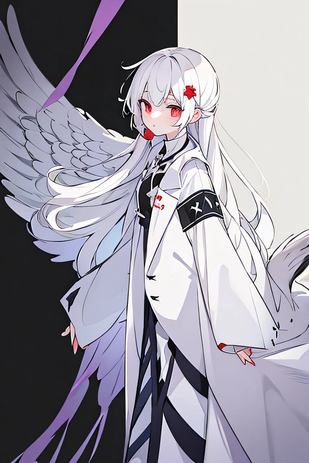 gray hair、gender is neutral、long coat、murderous girl like a pigeon