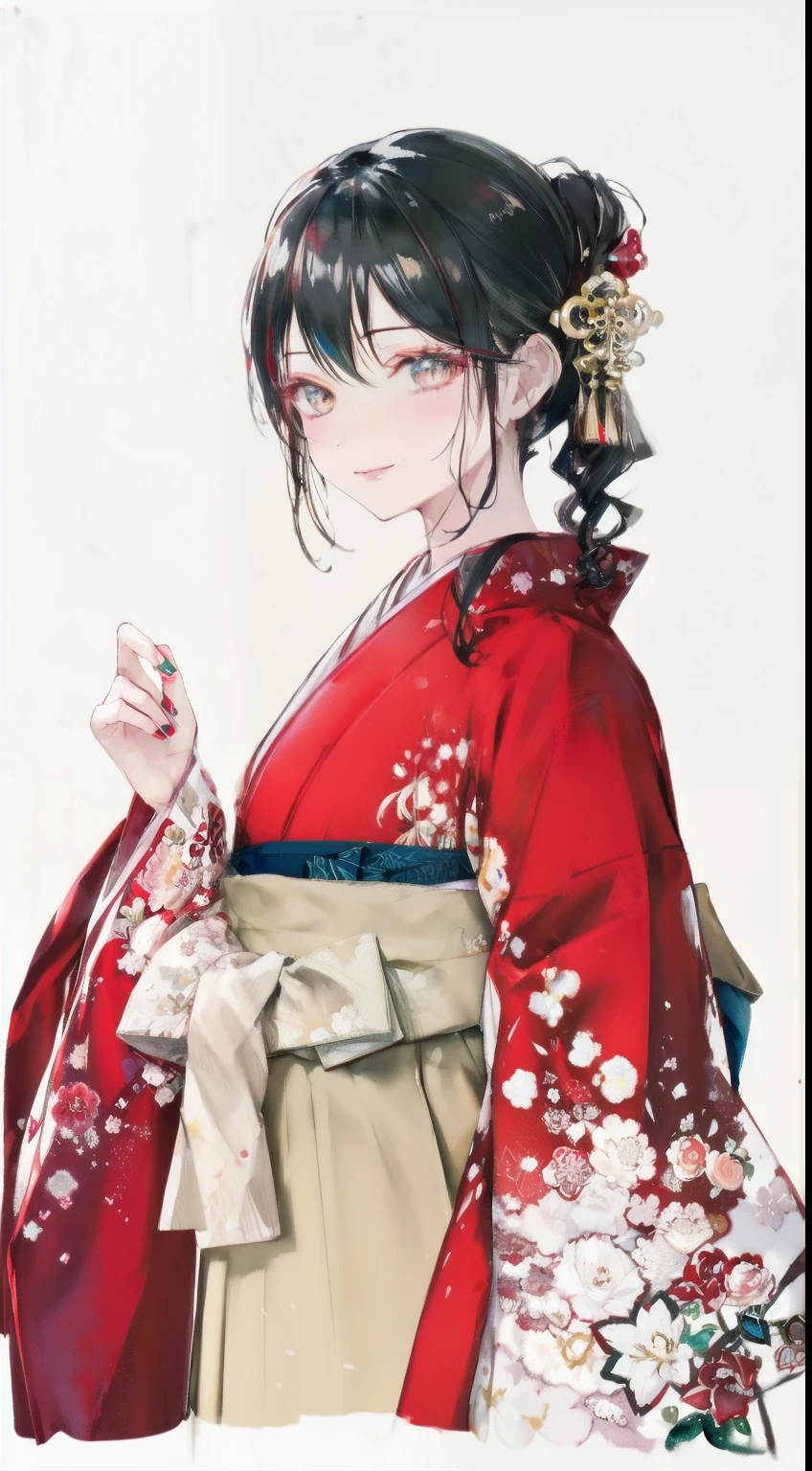 highest resolution、An illustration、1 girl、beautiful face、cute、Mature、white background、(watercolor:1.2)、2D、Upper body、black kimono、Oiran、Hakama、black hair、all back、Forehead、red lipstick、flashy makeup、Yankee、fearless smile、squinting、red blush under the eyes、white skin、Are thin、graduation ceremony、brown eyes、droopy eyes