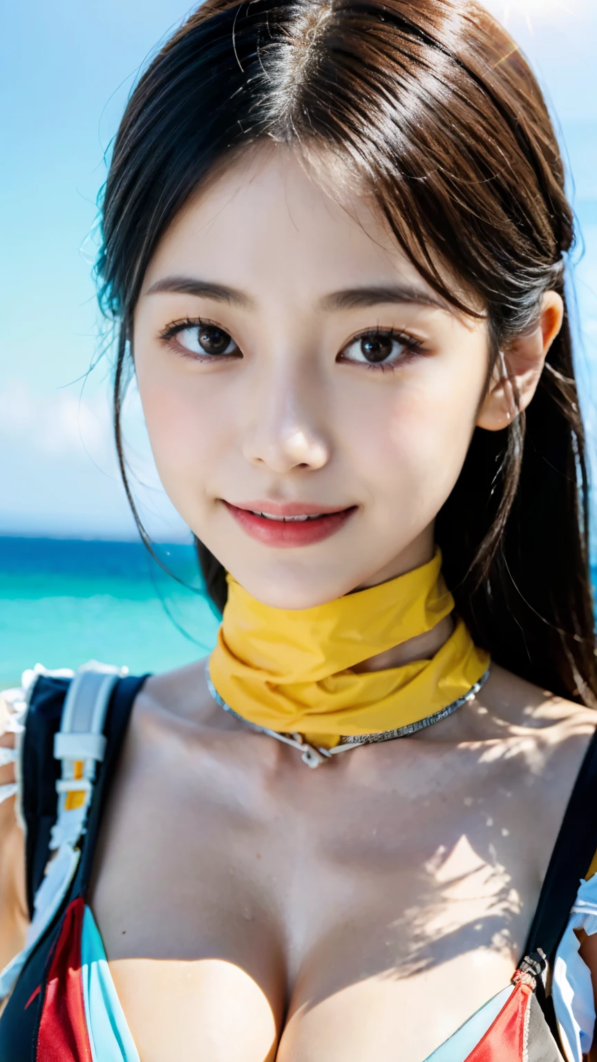 highest quality、highest quality、real、unity、8K wallpaper、official art、非常に詳細なCGunity8kの壁紙、Super detailed、High resolution、physically based rendering、Super detailed,wonderful, fine details,1 girl、(smile face:1.2)、slim face、pretty lady、Super detailedな顔、detailed eyes、double eyelid、Look up、(glowing skin)、(sun kissed skin)、(realな肌)、boobs view、background is blurred、(huge )、(chest to head)、frontage、slim face、beach、professional lighting、lighting on face、best light,(adult bikini)、(Shinobu Phalaenopsis)、Enako、