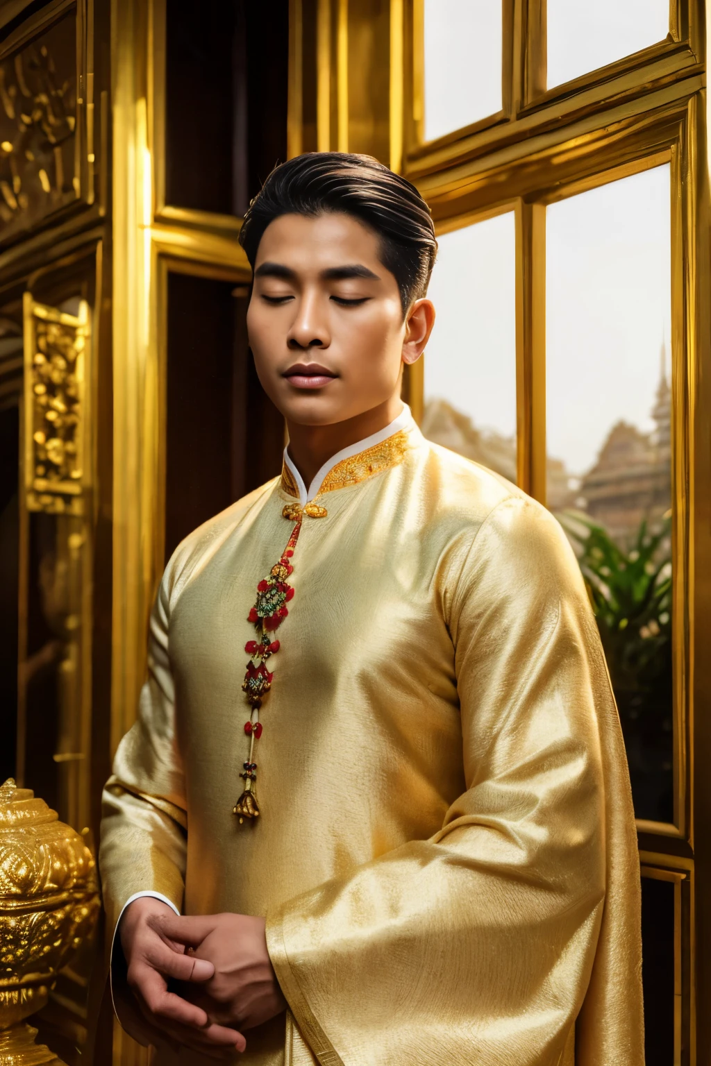 (best quality,4k,8k,highres,masterpiece:1.2),ultra-detailed,(realistic,photorealistic,photo-realistic:1.37),god,Thai Style,man,no shirt,meditate,handsome,proportional body,gold jewelry,serene expression,noble presence,closed eyes,beautiful detailed lips,dark hair,ornate headpiece,elegant posture,royal aura,detailed facial features,fine craftsmanship,strong and toned physique,traditional attire,elaborate patterns,rich colors,cultural symbolism,meticulous attention to detail,peaceful surroundings,lotus flowers in the background,divine aura,tranquil atmosphere,subtle glow,serene color palette,soft sunlight,harmonious composition,immerse viewer in Thai culture,captivating and majestic art.