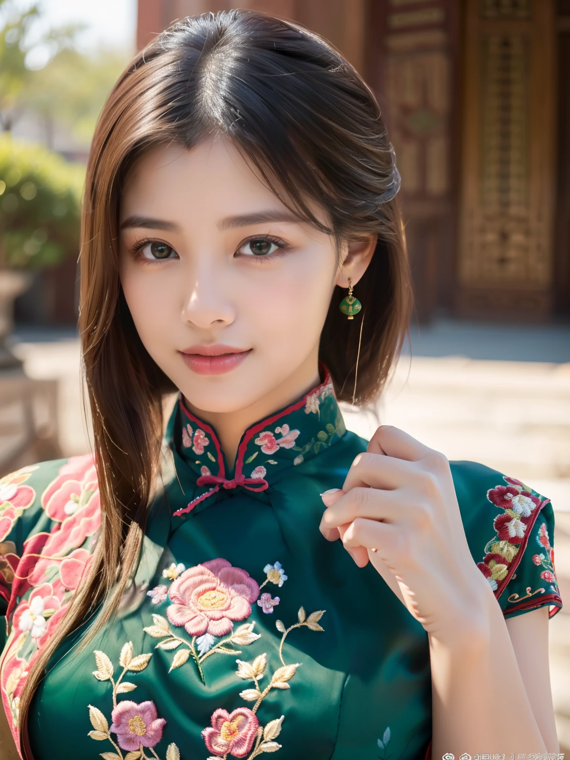 ulzzang-6500-v1.1, (Raw foto:1.2), (Photorealsitic:1.4), Delicate beautiful girl，The sparkling eyes have a very nice atmosphere..，18yo, Attractive eyes and moist lips，cabelos preto e longos，（ssmile：1.3），Detailed depiction of the face，Formula details，Detailed depiction of facial features Star Masterpiece Fine Detail，Describe your role in detail，Detailed depiction of hair，Carefully drawn ，My body is bumpy，Detailed depiction of the hand，Clothes drawn in detail，Detailed depiction of the face，face perfect，Detailed depiction of hands drawn in the military，4fingers and 1thumb：1.3），orthofacial，choker necklace，lipsticks，eardrop，Photo of three-quarters，Works of masters，Infinitely close to reality，（Upper body photo：1.3），Highest image quality，best qualtiy，infinite details，8k resolution，(((Beautiful patterned embroidered cheongsam 1.3)))，(((green cheongsam)))，（Ancient courtyard scene：1.3）