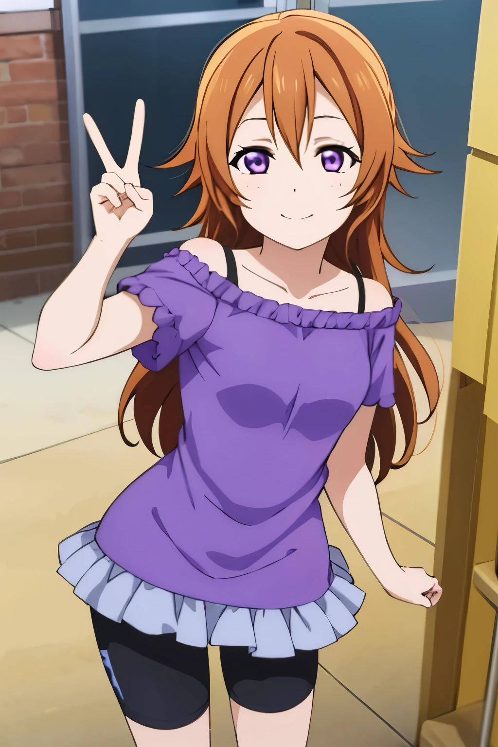(best quality, masterpiece:1.2), (1girl, solo:1.2), smile, detailed background, (looking at viewer, solo focus:1.2), 
Konoe kanata, long hair, straight hair, purple eyes, brown hair, off-shoulder, purple dress, purple shirt short, short sleeves, standing, two peace sign, solo focus, bike shorts, black bike shorts, looking ahead, bike shorts, black bike shorts, 