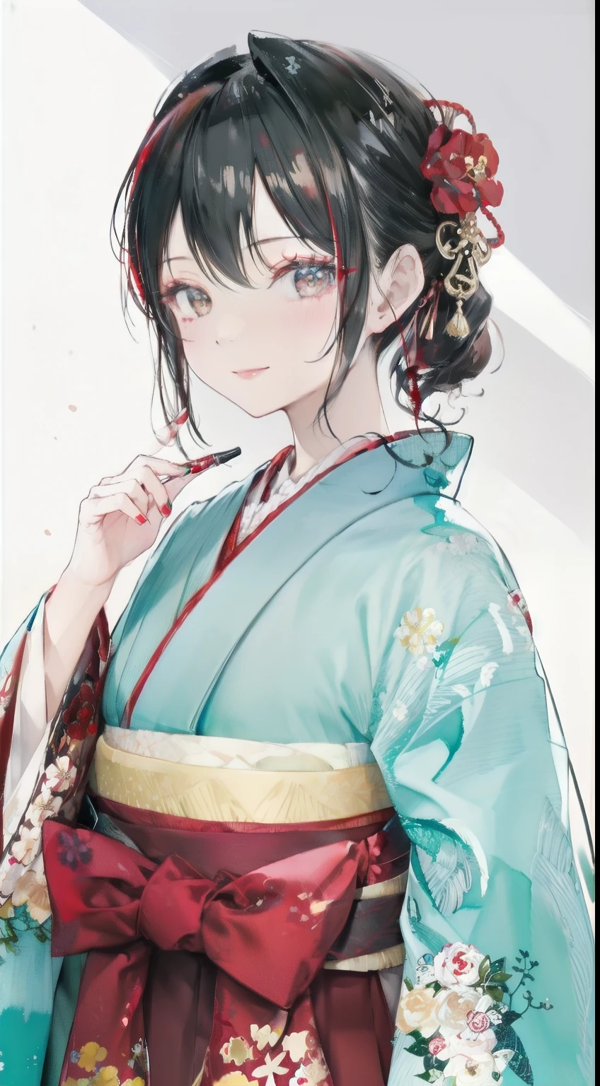 highest resolution、An illustration、1 girl、beautiful face、cute、Mature、white background、(watercolor:1.2)、2D、Upper body、black kimono、Oiran、Hakama、black hair、all back、Forehead、red lipstick、flashy makeup、Yankee、fearless smile、squinting、red blush under the eyes、white skin、Are thin、graduation ceremony、brown eyes、droopy eyes