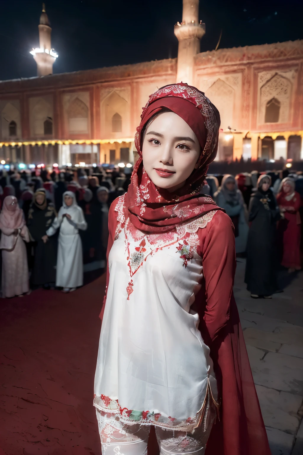 a film still of 2 japan girl in hijab, wearing long pashmina hijab and robe gamis, gamis unbuttoned loose opened, showing breasts and nipples. in sport attire having an argument in Indonesia village, raise hand, photo taken using Panavision DXL2, 28mm lens, Establishing shot, muted color grading, cinemascope, drama, high quality, ultra detailed, 8k resolution, full body photo shot 