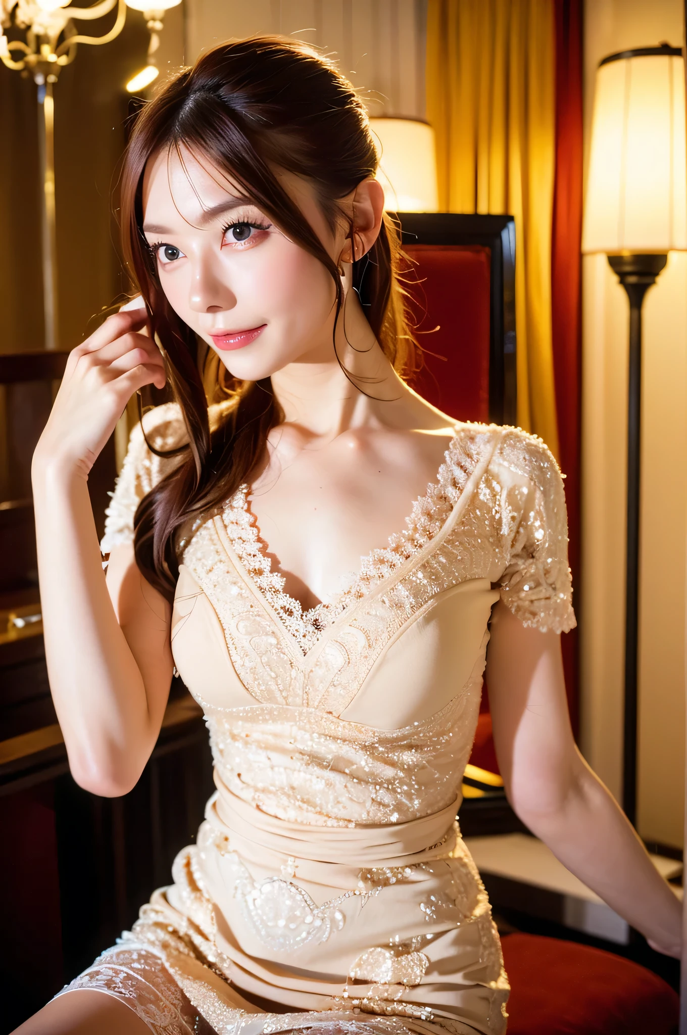 woman posing for a photo (deeply worn_V-neck_dress: 1.3), white lace dress,
good hand, 4k, High resolution, masterpiece, highest quality, head: 1.3, (((Hasselblad Photos)), fine skin, sharp focus, (cinematic lighting), night, soft lighting, dynamic angle, [:( face: 1.2):0.2],(((5 star hotel))),