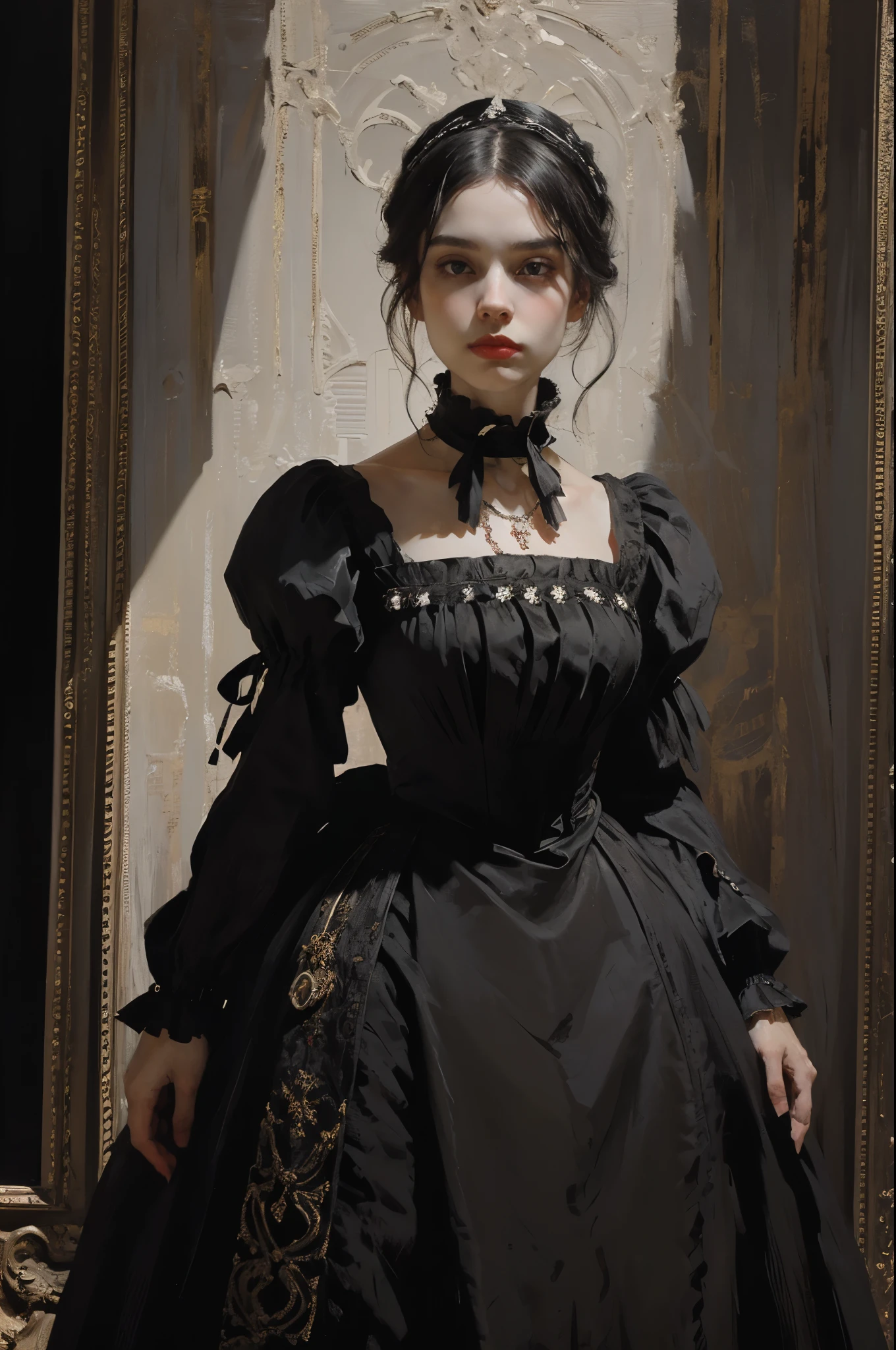 classical painting, ((PORTRAIT: 1.3)), a girl in a black dress, a formal dress of the Victorian style, (Victorian evening dress: 1.3), the dress has a stand-up collar, a young girl 25 years old, pale skin, slender, monochrome image with accent color, red ruby necklace,