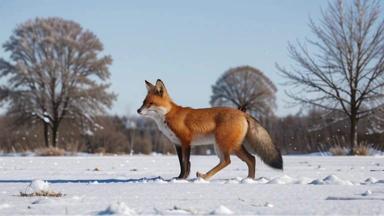 Un renard roux se faufilant dans la neige, The red fox is a cunning and agile animal, capable de se faufiler dans la neige sans laisser de trace. He looks for mice and birds to hunt for food. Snowflakes create abstract shapes and interesting textures, while the bare trees offer shadows and lights on the fox&#39;s coat. Image au format 2560 x 1440 pixels.