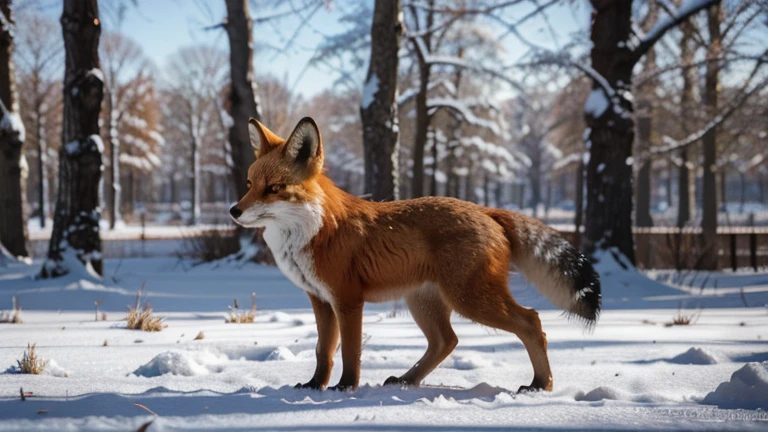 Un renard roux se faufilant dans la neige, The red fox is a cunning and agile animal, capable de se faufiler dans la neige sans laisser de trace. He looks for mice and birds to hunt for food. Snowflakes create abstract shapes and interesting textures, while the bare trees offer shadows and lights on the fox&#39;s coat. Image au format 2560 x 1440 pixels.