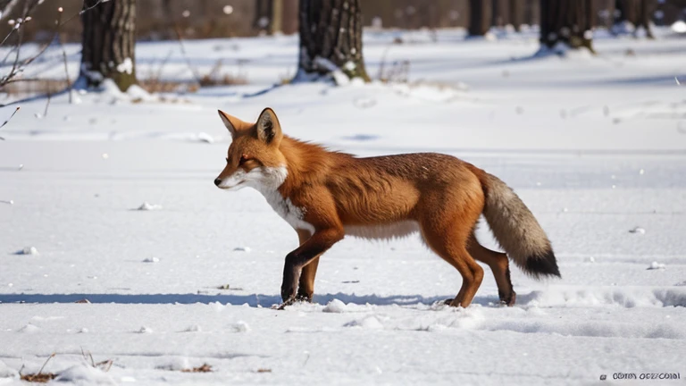 Un renard roux se faufilant dans la neige, The red fox is a cunning and agile animal, capable de se faufiler dans la neige sans laisser de trace. He looks for mice and birds to hunt for food. Snowflakes create abstract shapes and interesting textures, while the bare trees offer shadows and lights on the fox&#39;s coat. Image au format 2560 x 1440 pixels.