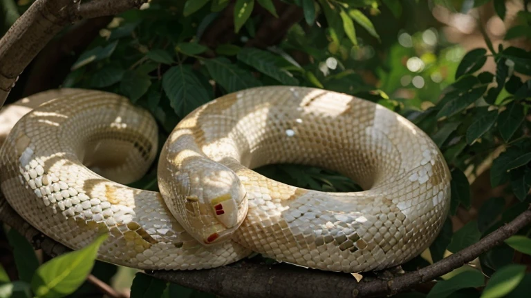 An albino snake lounging on a branch, Le serpent albinos est un animal rare et magnifique, avec sa peau blanche et ses yeux rouges. Il se repose sur une branche, profitant du soleil. Tree leaves offer interesting shapes and textures, tandis que les oiseaux chantent dans les branches. The sun&#39;s rays create golden reflections on the snake&#39;s skin. Image au format 3840 x 2160 pixels