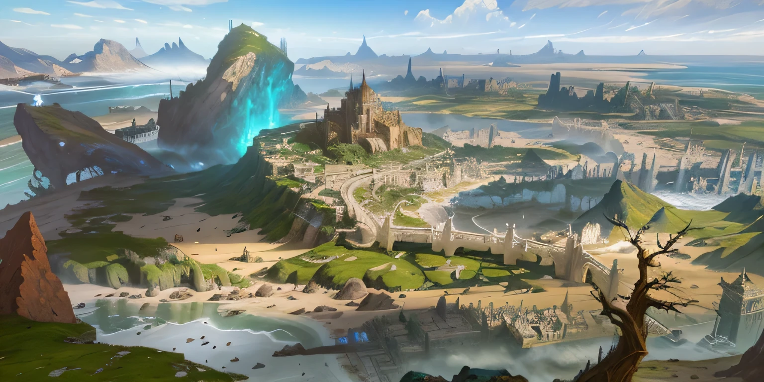 There is a painting of a city on a rocky beach, fantasy concept art, final fantasy vll world concept, Detailed fantasy digital art, Fantasy cityscape, High quality digital concept art, concept art stunning atmosphere, Highly detailed fantasy art, High fantasy matte painting, fantasy painting, Stunning concept art, Fantasy concept painting, Detailed matte fantasy, Beautiful concept art