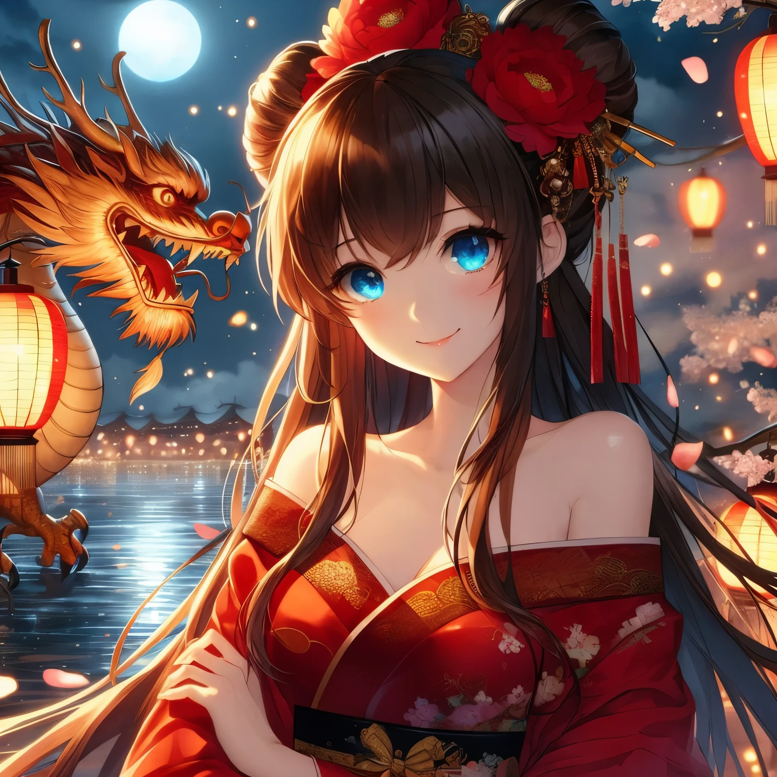 Anime girl with blue eyes and red dress standing in front of the dragon, anime style 4k, anime art wallpaper 8k, Anime Art Wallpaper 4k, anime art wallpaper 4k, anime wallpaper 4k, anime wallpaper 4k, 4k anime wallpaper, beautiful anime girl, 4k comic wallpaper, Beautiful anime woman, HD anime wallpaper, Beautiful fantasy anime