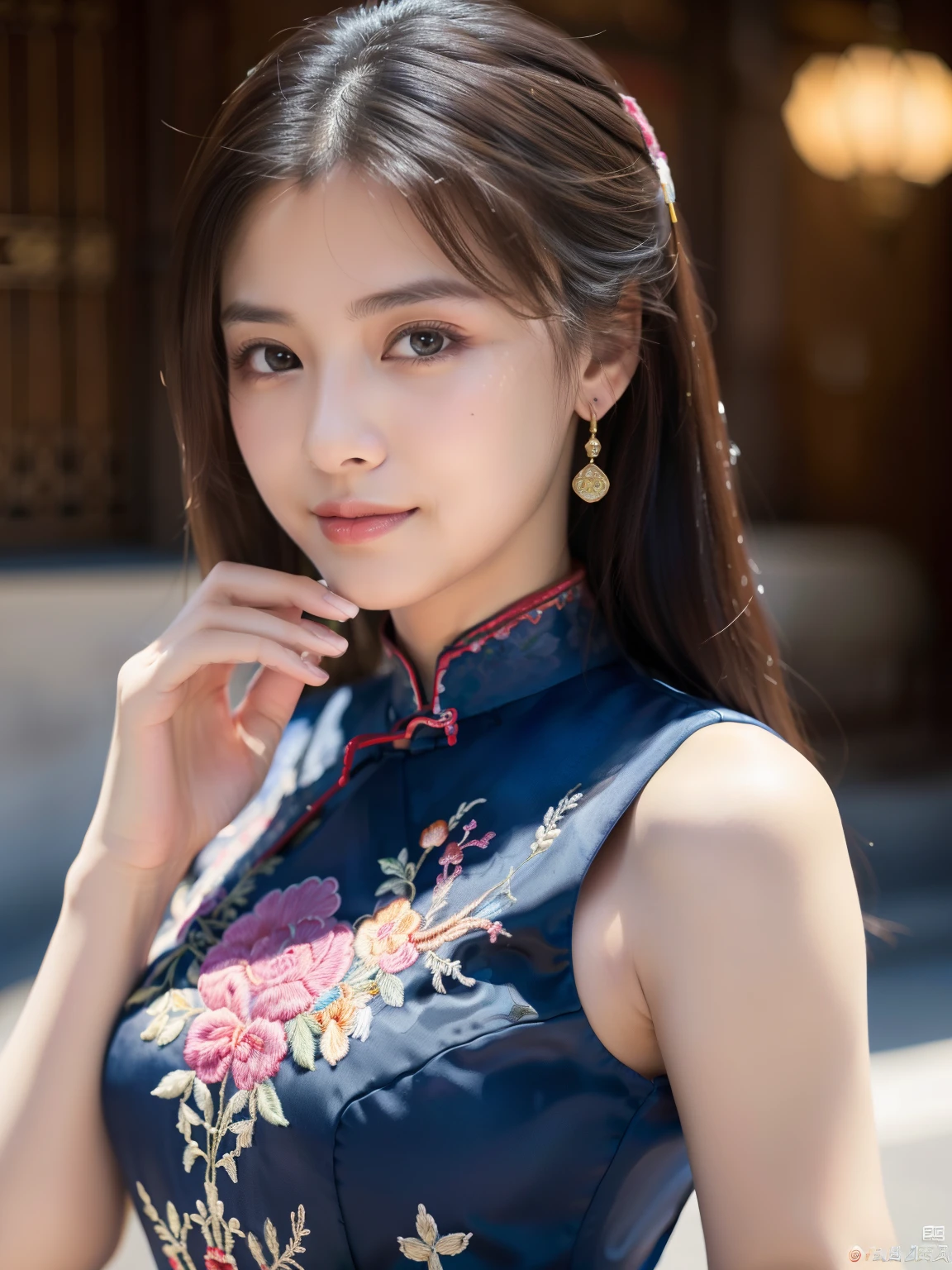 ulzzang-6500-v1.1, (Raw foto:1.2), (Photorealsitic:1.4), Delicate beautiful girl，The sparkling eyes have a very nice atmosphere..，18yo, Attractive eyes and moist lips，cabelos preto e longos，（ssmile：1.3），Detailed depiction of the face，Formula details，Detailed depiction of facial features Star Masterpiece Fine Detail，Describe your role in detail，Detailed depiction of hair，Carefully drawn ，My body is bumpy，Detailed depiction of the hand，Clothes drawn in detail，Detailed depiction of the face，face perfect，Detailed depiction of hands drawn in the military，4fingers and 1thumb：1.3），orthofacial，choker necklace，lipsticks，eardrop，Photo of three-quarters，Works of masters，Infinitely close to reality，（Upper body photo：1.3），Highest image quality，best qualtiy，infinite details，8k resolution，(((Beautiful patterned embroidered cheongsam 1.3)))，(((blue cheongsam)))，（Ancient courtyard scene：1.3）
